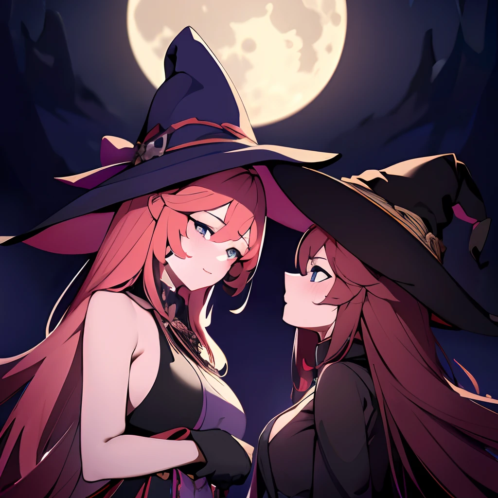 2 girls, facing each other, (Best Quality,4k,8K,hight resolution,Masterpiece:1.2),Ultra-detailed, witch hat, cauldron, witches, Witches' hats, Fantasy, nighttime scene, full moon, Detailed eyes and lips, hairlong, Tall figures, 2 girls