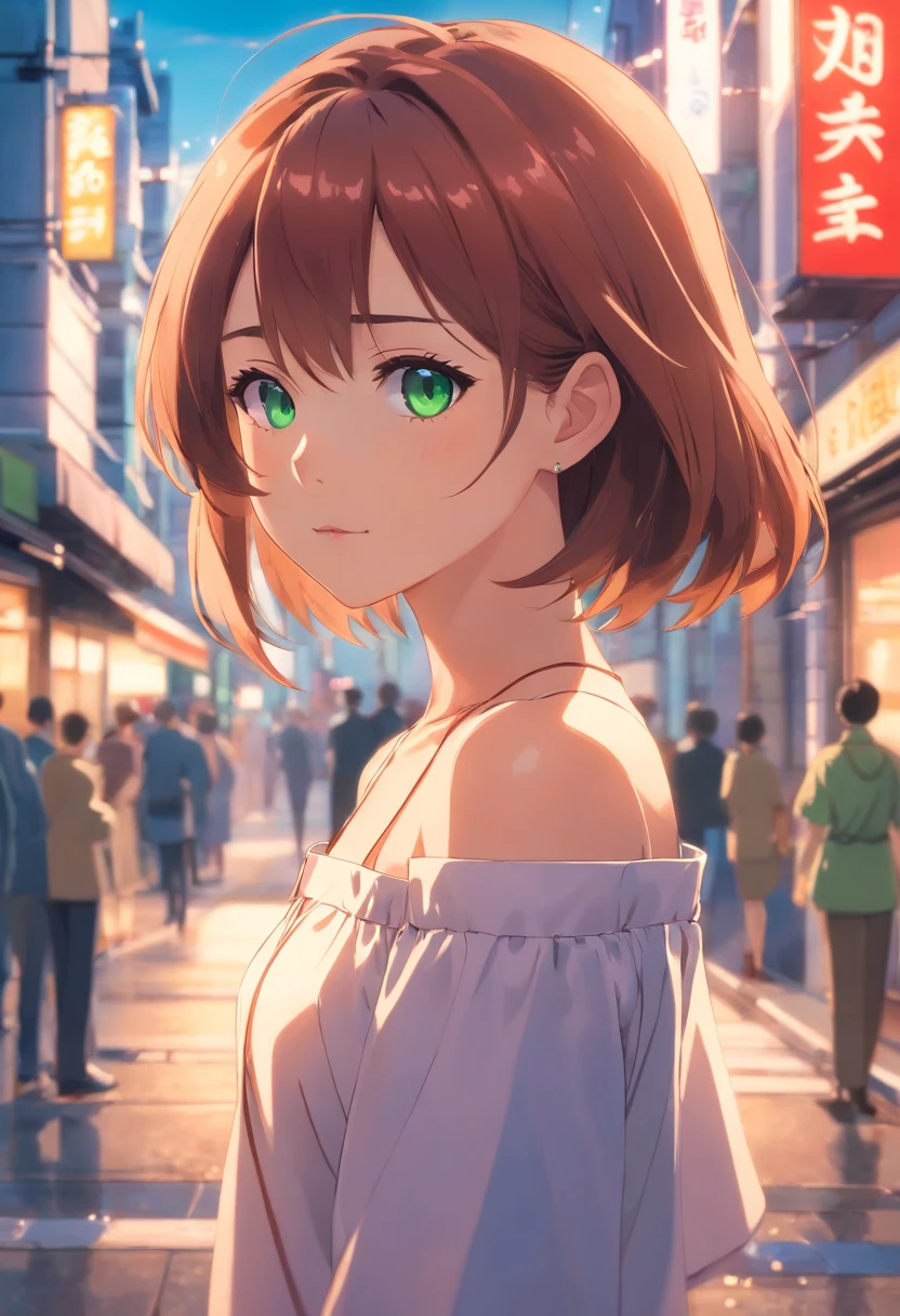 image of 1 girl, a 13-year-old with an unbelievably adorable look. Her youthful frame, soft skin, burnt auburn mid-back length hair with shades of red and light brown highlights. Her captivating Emerald Green eyes, wearing a school uniform/white blouse and a navy blue pleated skirt, in class, She completes her look with shimmering diamond stud earrings, small Japanese town/ city background, high res, ultrasharp, 8K, masterpiece, looking at camera, off-shoulder dress, necklace