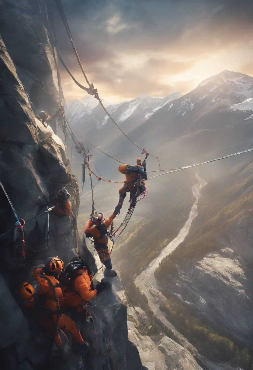 Highlight innovation and bold exploration of rescue technology in urban environments, A group of skilled climbers, Including Chinese individuals, Practice rope rescue techniques in the mountains, Challenge your limits by participating in extreme sports like rock climbing. Climbers show their bravery and tenacity as they climb the peaks, Rely on ropes for support and safety. The scene captures incredible views from the top of the mountain, Highlight breathtaking heights and challenging terrain. This tip shows the emergency response team and its efforts to rescue people in need, Cutting-edge rope rescue technology. The entire scene was shot in Ultra HD (4K, to ensure maximum detail and realism. The lighting in the scene is carefully set in a studio-like environment, Enhance visual impact. The tip highlights the involvement of the International Association of Rope Technology., highres, masterpiece