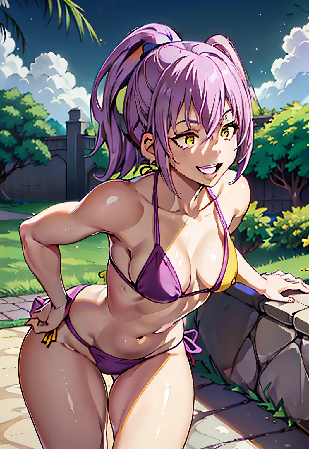(master piece, best quality: 1.3), 3 girl, medium breasts, in the park, short bikini, showing muscular legs, thick thighs, feminine, hands on hips, ironic smile, ((purple hair side ponytail)) , ((yellow eyes) ), smile, open mouth showing teeth, pretentious face, ((ultimate tension)), messy hair, standing, muscular belly, defined arms