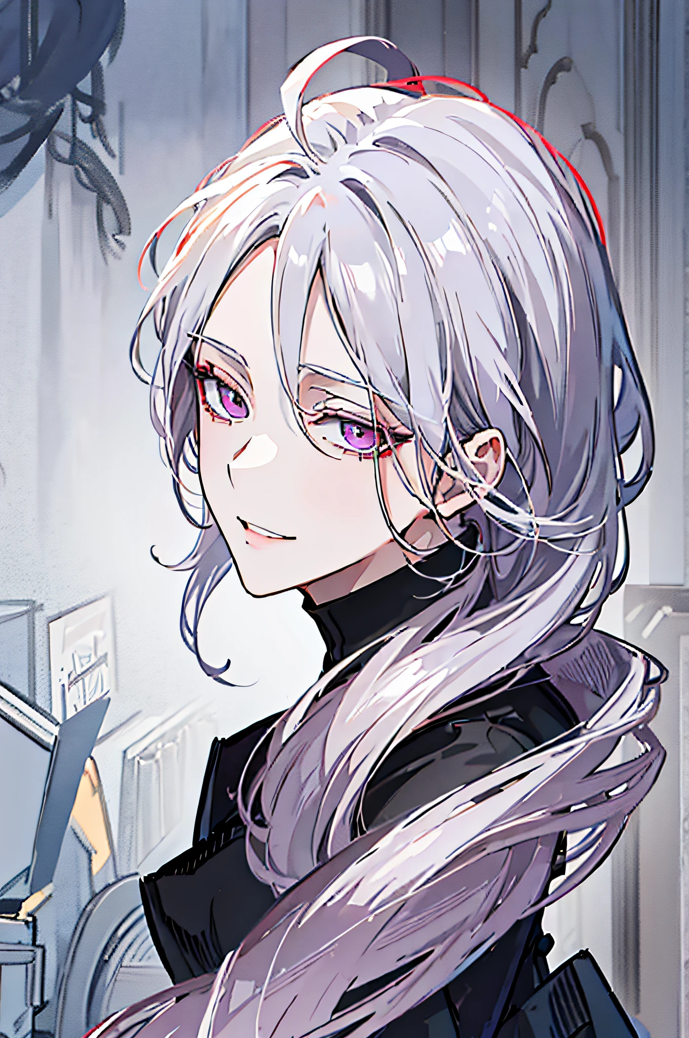 1male, Best quality，masterpiece，a high resolution，Adult male, (Messy Pearly Silver hair), dusty lilac color eye，elegant features, academy uniform，black pants, gorgeous accessories，coquettish，gentle, seductive, the background is a academy，human race，smiling, face portrait