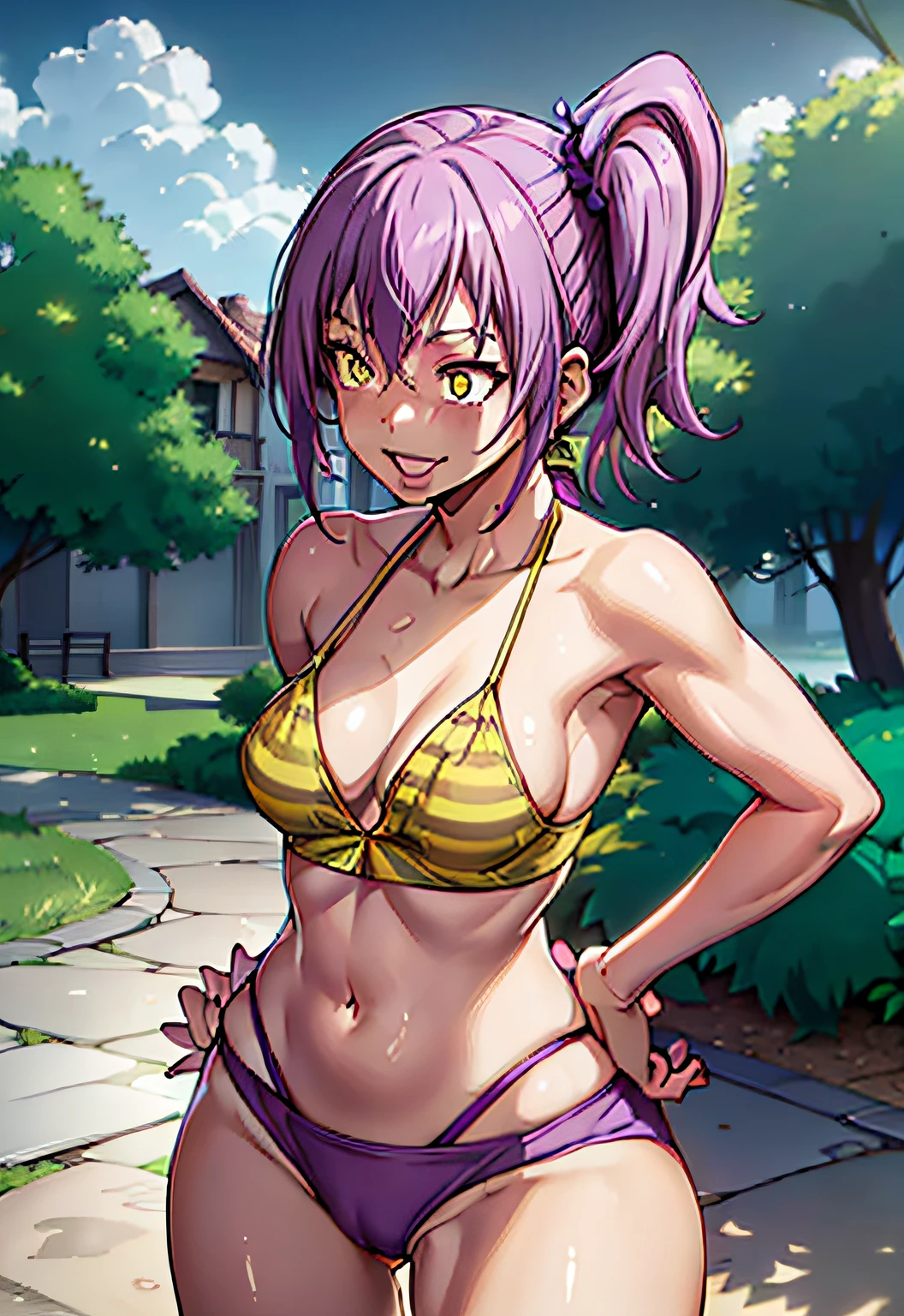 (master piece, best quality: 1.3), 3 girl, medium breasts, in the park, short bikini, showing muscular legs, thick thighs, feminine, hands on hips, ironic smile, ((purple hair side ponytail)) , ((yellow eyes) ), smile, open mouth showing teeth, pretentious face, ((ultimate tension)), messy hair, standing, muscular belly, defined arms