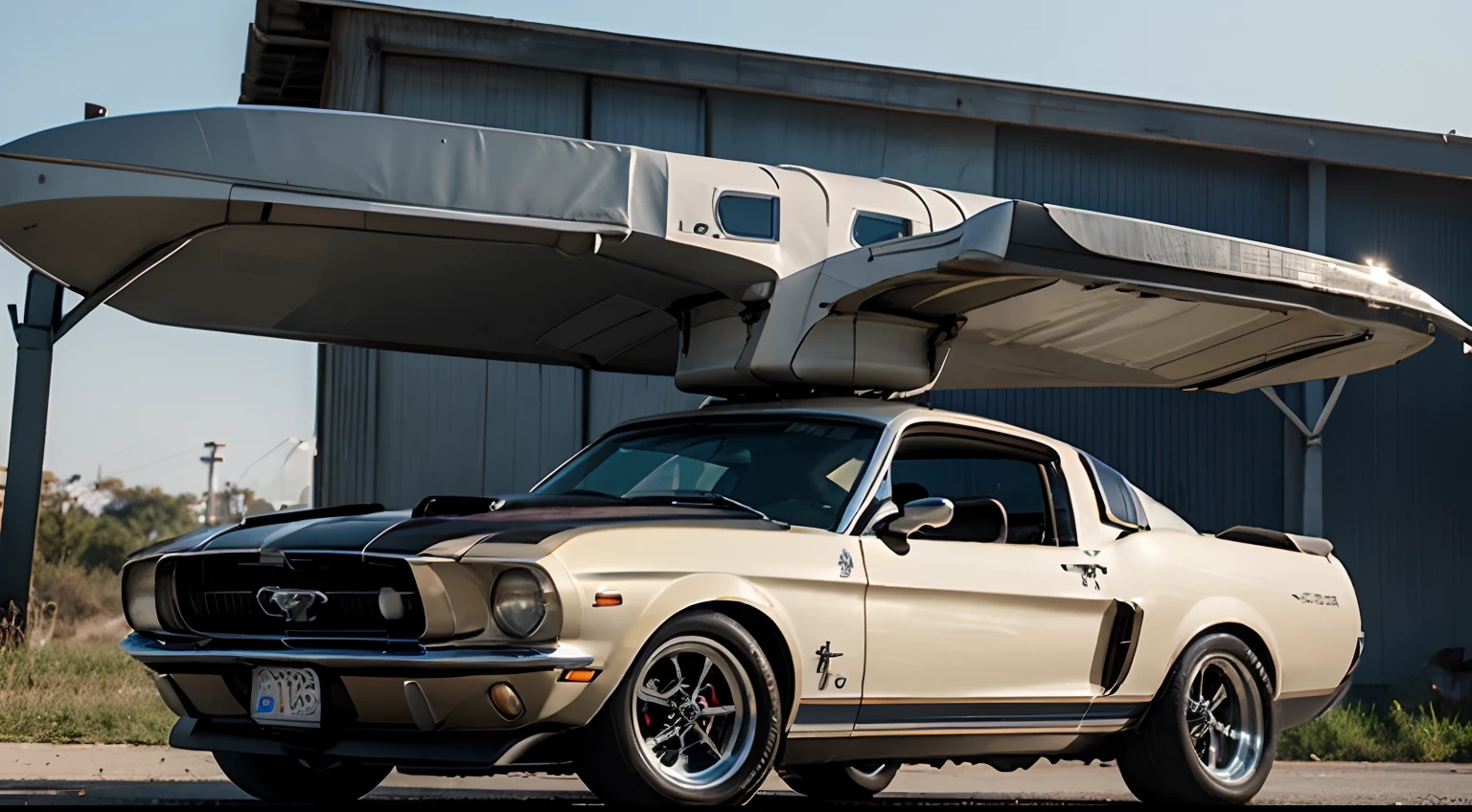A CLASSICO FORD Mustang car converted inTO a flying car, scifi, futuristic