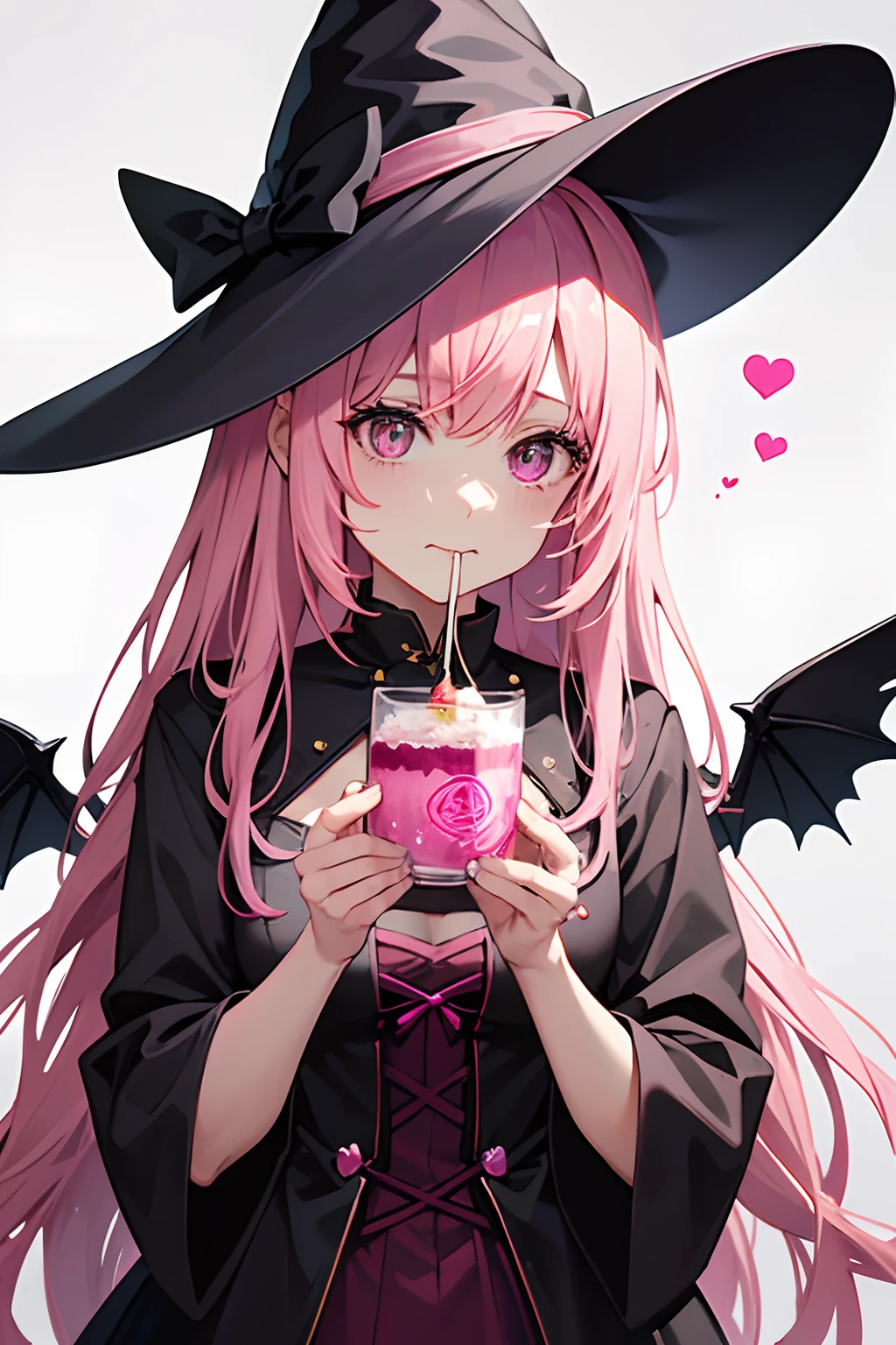 Eating with pink long hair,cat ears and black hat on pink background, The Witch Girl, witchy, Pink Bright Eyes, The Bright Witch, witchy, flirty anime witch casting magic, Carrie, but mesmerizing, Casting a spell on a potion, sky witch, witchcraft!, official fan art, in a halloween style, witch woman, witch fairytale, witches