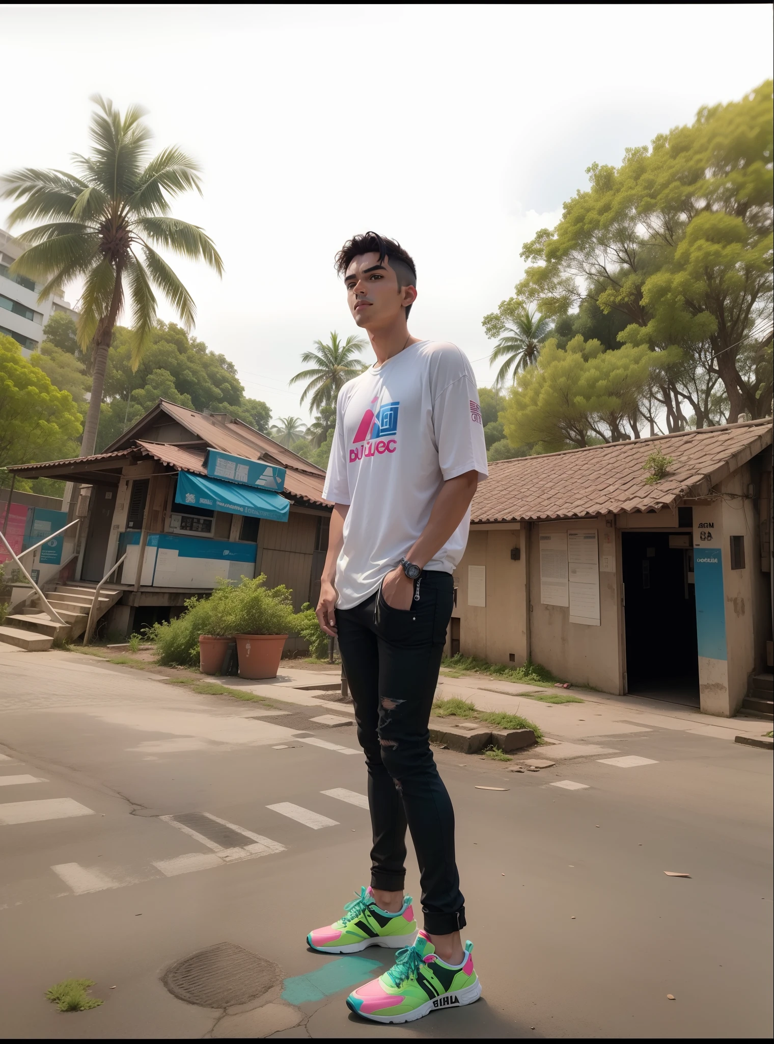25-year-old solo man in blue jacket and black pants standing, corpo todo, em uma loja de neon, neon iluminado, neon jungle, teddy fresh, neon vibes, luzes neon e adiciona, Foto de um ensaio promocional, Retrato no meio da foto, neon lights in the background oriental letters, thick neon lights, foto promocional, com luzes neon, sythwave, Cidade oriental Neon ao fundo, aesthetic shot, rosto bem detalhado 4k HD, brincos, rua adidas, Adidas tennis shoes , corte de cabelo degrade, cavanhaque, brincos de argola, olhar forte, boca bem detalhada maos bem detalhadas
