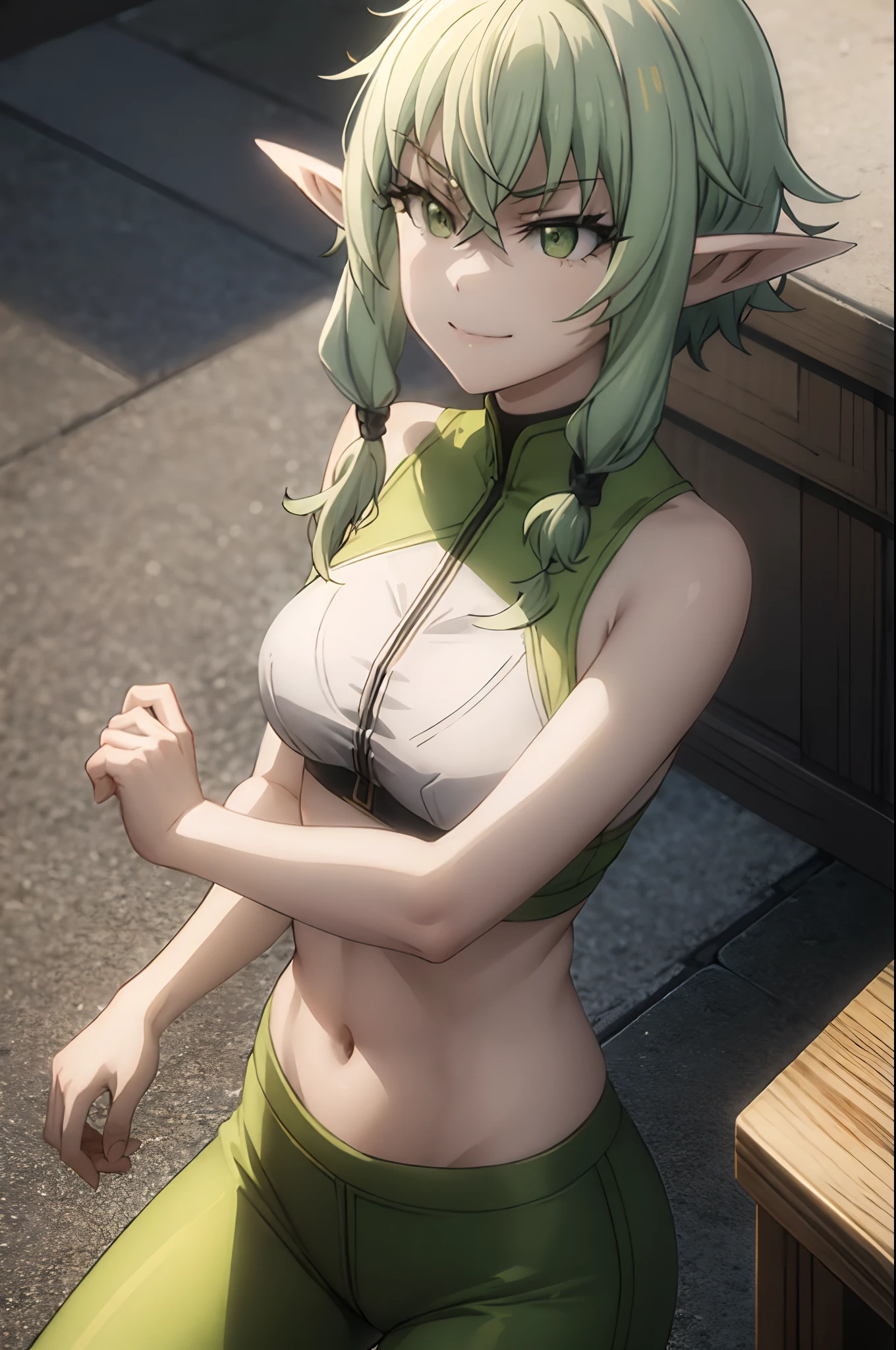 pointy ears, green hair, green eyes, short hair, short hair with long locks,smug half-closed eyes,masterpiece, best quality, photorealistic, yujiasuit, yoga sports bra, yoga pants, 1girl, solo, , yoga ball, pants, looking at viewer, smile, green sports bra, simple background, , midriff, long hair, breasts, green pants, sportswear, tank top, upper body,