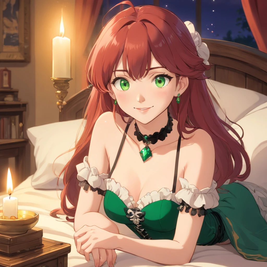 Caucasian woman around 30 years old, very feminine and attractive, sexy smile, large breast, ankle bracelet, diamond necklace and ear rings, pale skin with red wavy hair, surreal bright green iris, green iris, full body image, 2 legs, wearing a red and black frilly corset and a choker, candlelight in a 1600's luxury bedroom, ultra sharp focus, realistic shot