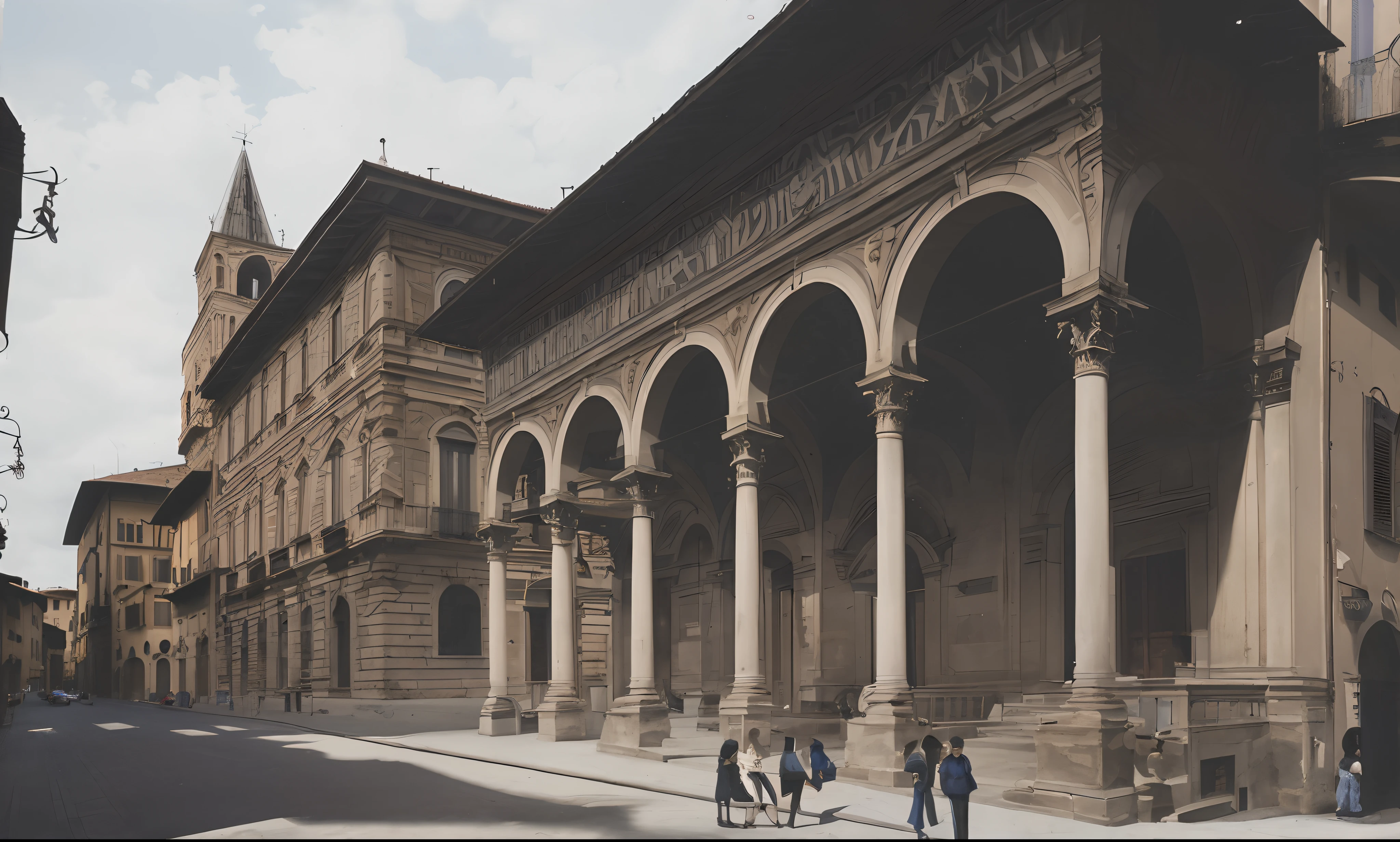 A detailed color photography of a 1600 street in Pistoia (Italy) with a neoclassic portico, bell tower in the distance, dramatic sky, hyperrealistic, blue sky, grey and white buildings, dramatic lighting, (reinassance: 1.3)