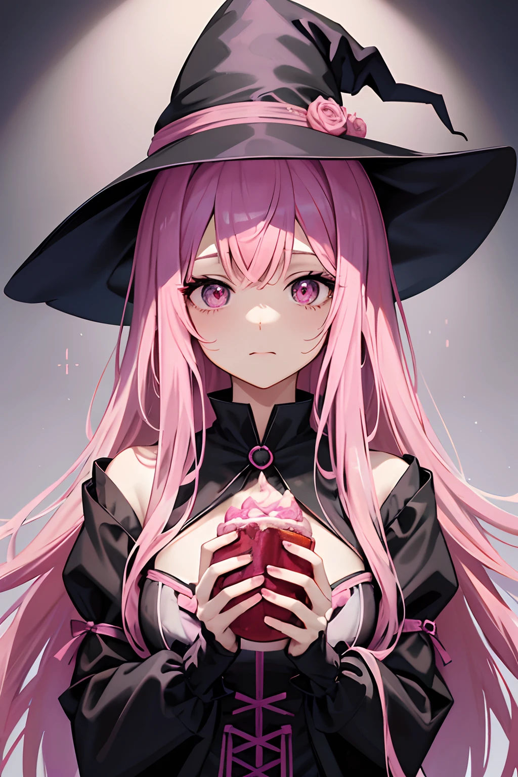 Eating with pink long hair,cat ears and black hat on pink background, The Witch Girl, witchy, Pink Bright Eyes, The Bright Witch, witchy, flirty anime witch casting magic, Carrie, but mesmerizing, Casting a spell on a potion, sky witch, witchcraft!, official fan art, in a halloween style, witch woman, witch fairytale, witches