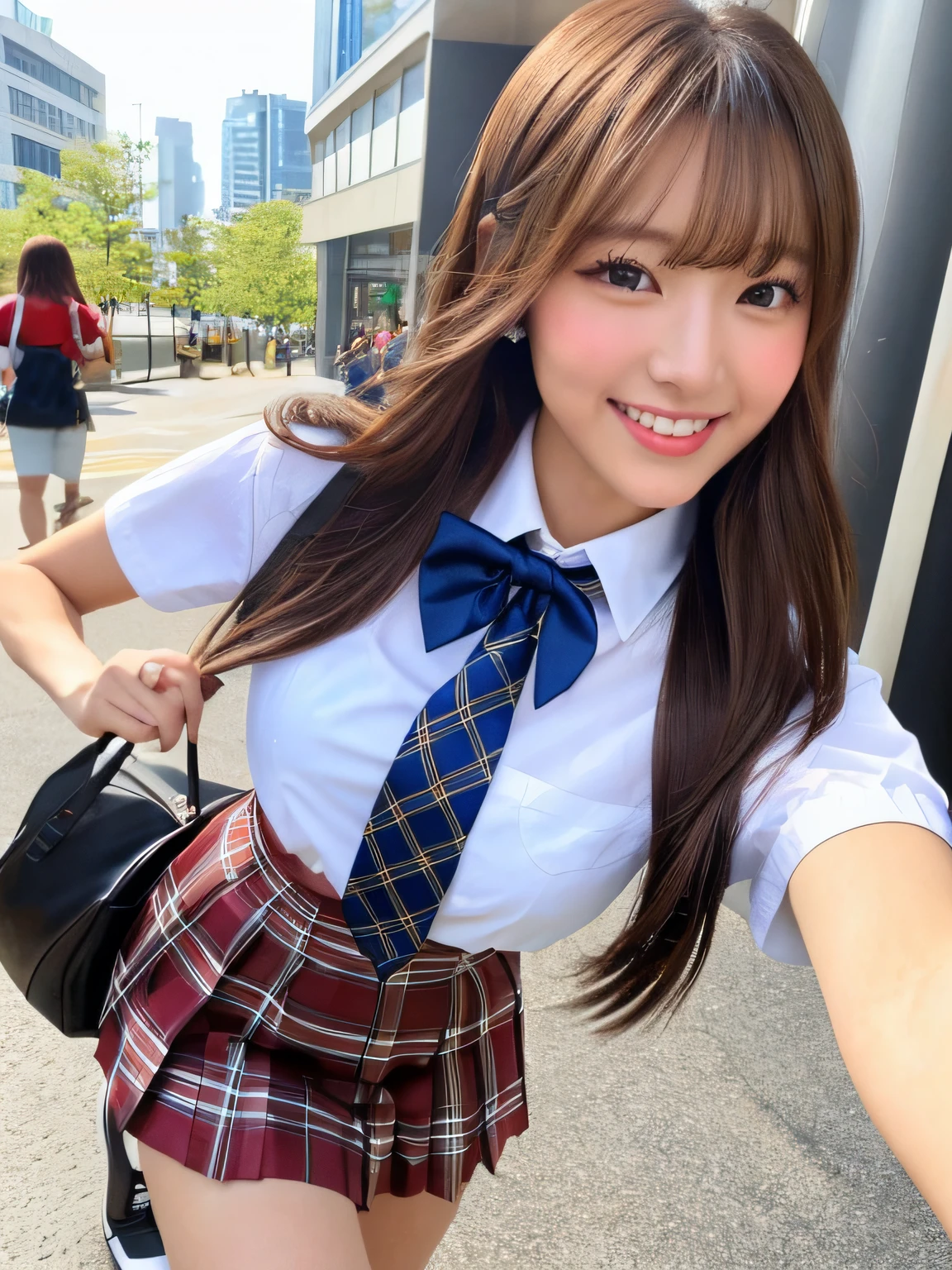 masterpiece, upper body shot, a Japanese young pretty woman, glamorous figure, wearing a short sleeves white collared shirt with shiny red satin plain bow tie, a blue tartan plaid skirt, short length white socks, leather black shoes, carrying a big tort bag, absolutely pretty face, double eyelids in both eyes, Natural makeup, long eyelashes, shiny smooth light brown hair of medium length, asymmetrical bangs, tanned skin, Looking at the camera, walking alone with big smile on the scrambled crossing in a big city, head frame, central image, Front View, 8K resolution, high detail, detailed hairstyle, Detailed Face, Black Eyes, spectacular cinematic lighting, octane rendering, vibrant, hyper realistic, perfect limbs, perfect anatomy