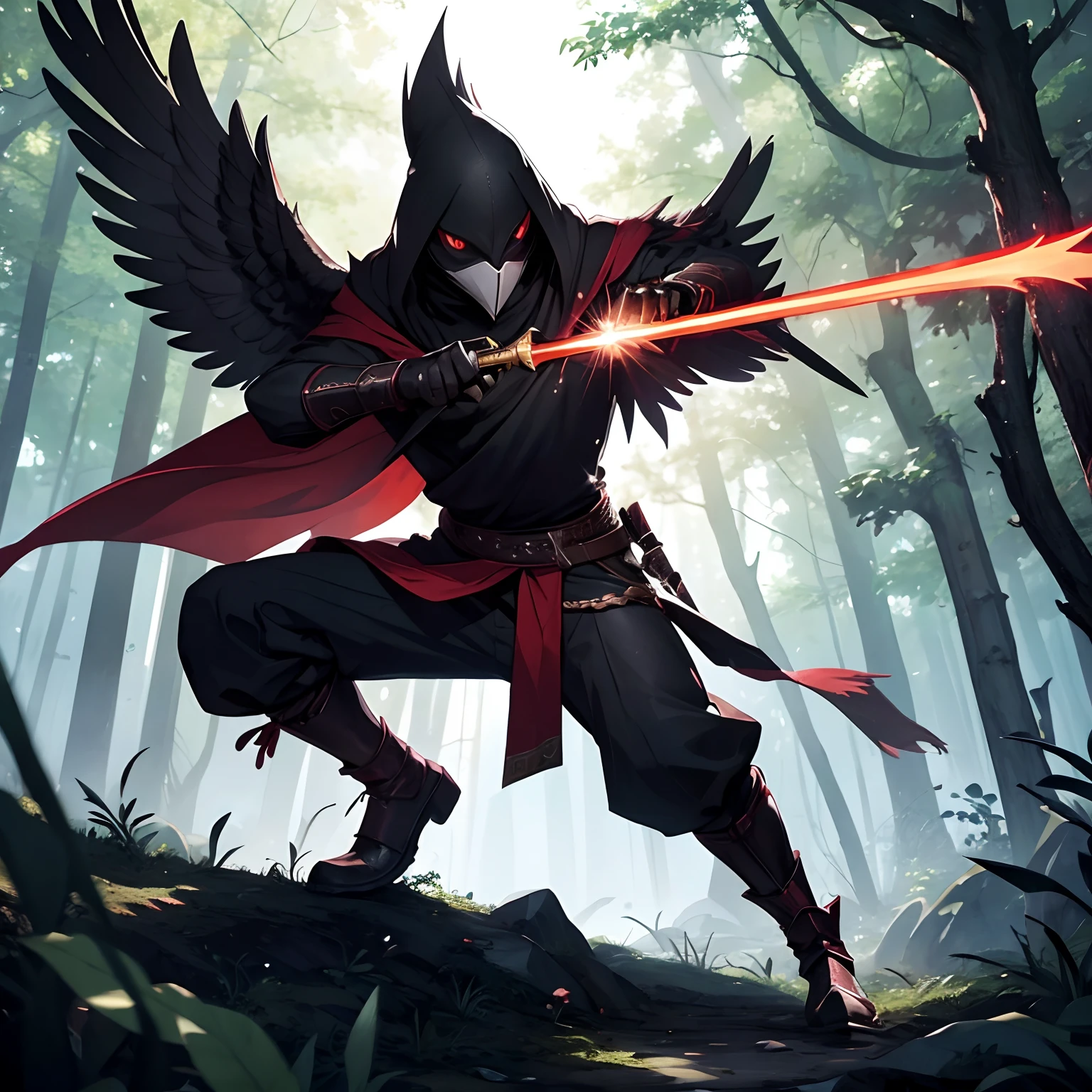 male black kenku in combat in a forest holding a red magic sparkling sword