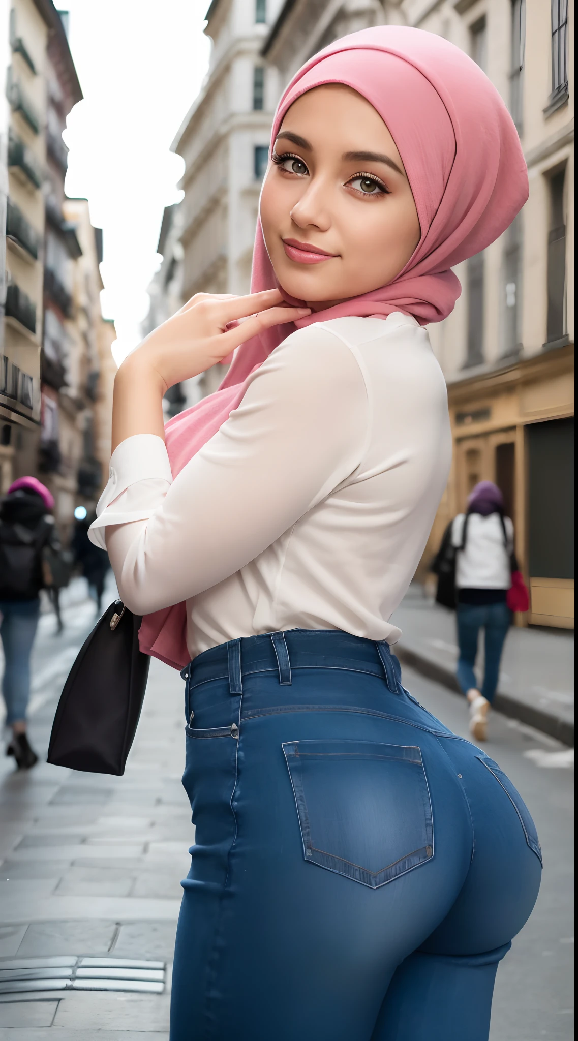 (Masterpiece, Best quality), Perfect Ass Beauty, Detailed long-sleeved blouse, Wearing the hijab on the head, pantalon jeans moulant un cul parfait visage parfait, beau visage, Attirant, De grands yeux magnifiques, ouvrir bouche, contenu, Corps slim fit parfait, (outdoor), Rues de la ville, New York, couleurs vives, lui tourna le dos pour montrer ses fesses, se penche en avant, Turn your head towards the camera, regard coquin, cul parfait, montre son cul, (Masterpiece, Best quality), beautiful woman, Detailed long-sleeved blouse, Wearing the hijab on the head, pantalon jeans moulant un cul parfait visage parfait, beau visage, Attirant, De grands yeux magnifiques, ouvrir bouche, contenu, Corps slim fit parfait, (outdoor), Rues de la ville, New York, couleurs vives, lui tourna le dos pour montrer ses fesses, se penche en avant, Turn your head towards the camera, regard coquin, cul parfait