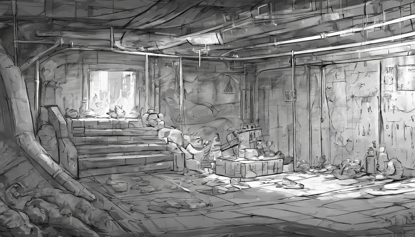 medium close up of a deformed child in a basement.  Children's book style. Sketchy monochromatic.