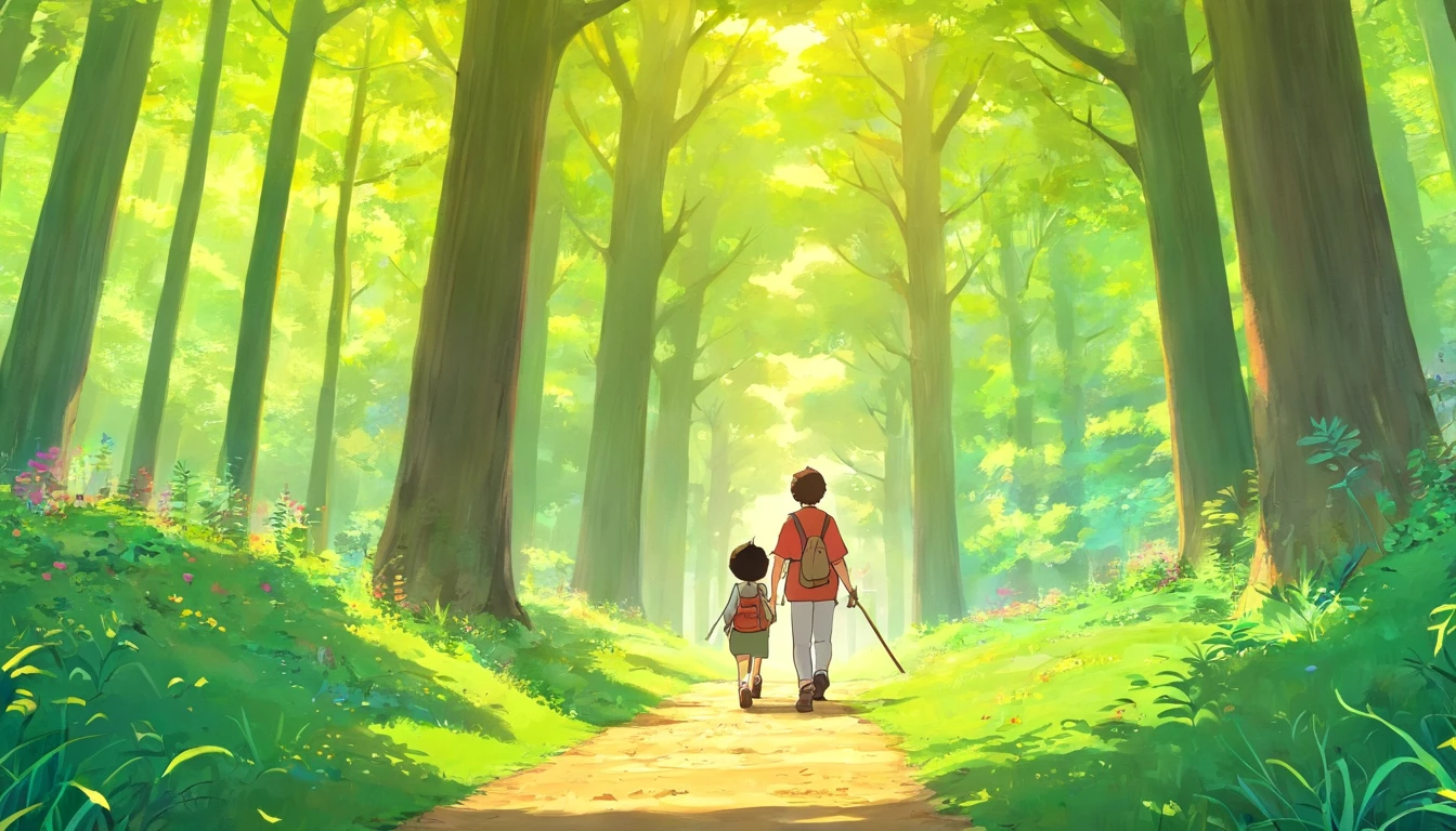 （Crie um cartaz）A father boy and grandfather , Walking through the magical forest,  Traga um saco de caminhada，Hold trekking poles，There are towering trees，Em um fim de semana claro，Pai e filho decidem passar tempo de qualidade juntos。They went to a nearby park，Prepare-se para uma aventura especial