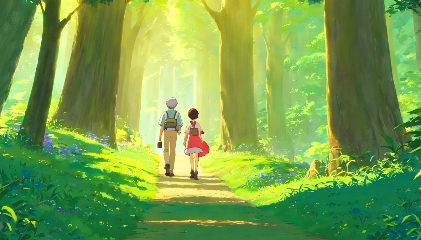 (Crie um cartaz)A father boy and grandfather , Walking through the magical forest, Traga um saco de caminhada,Hold trekking poles,There are towering trees,Em um fim de semana claro,Pai e filho decidem passar tempo de qualidade juntos。They went to a nearby park,Prepare-se para uma aventura especial
