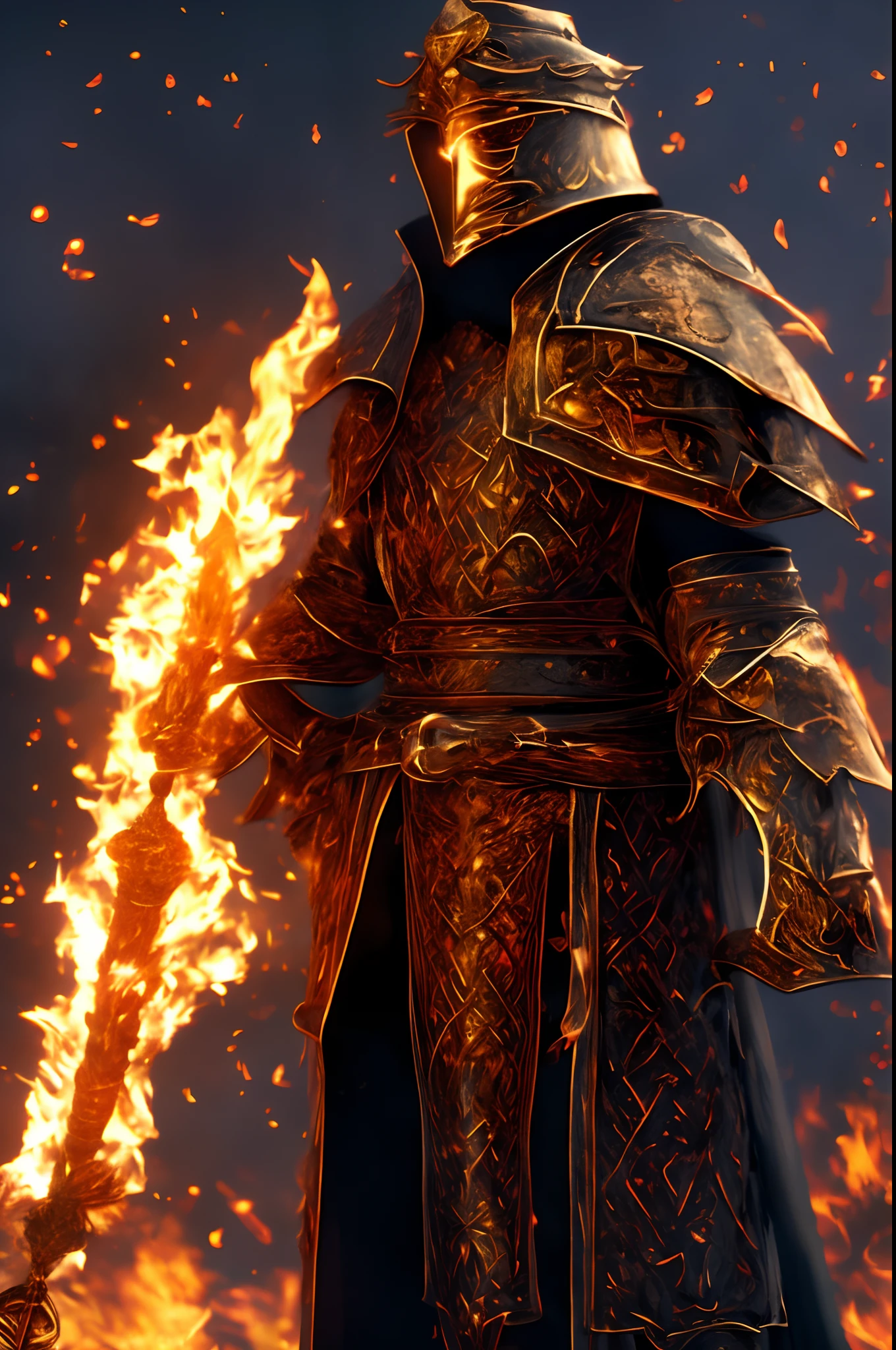 fantasy pyromancer,heavy armor,gazing,into the distance,mystical flames dancing around,fiery emblem,engraved on the chestplate,golden accents,reflected in the flames,burning ash,swirling,at their feet,crackling sound,echoes through the air,smoke billowing,casting an eerie glow,against the dark night sky,sparks flying,into the unknown,powerful presence,heat radiating,from their body,magical runes,glowing on the armor,bright red hair,flowing in the wind,scorched earth,under their footsteps,mysterious aura,illuminating the surroundings,concentrated expression,determination in their eyes,intense heat,emanating from their hands,creating a fiery whirlwind,commanding the flames,with their will,embodiment of fire and strength,(best quality,highres),intense color palette,highlighting the flames,dark shadows and highlights,creating depth and contrast,casting shadows on their face,metallic texture of the armor,reflecting the flames,sharp and detailed features,showcasing individual hair strands,created with precision,rich colors,echoing the intensity of the flames,moody atmosphere,accentuating the enigmatic nature of the pyromancer,dramatic lighting,capturing the flickering flames,giving life to the scene.