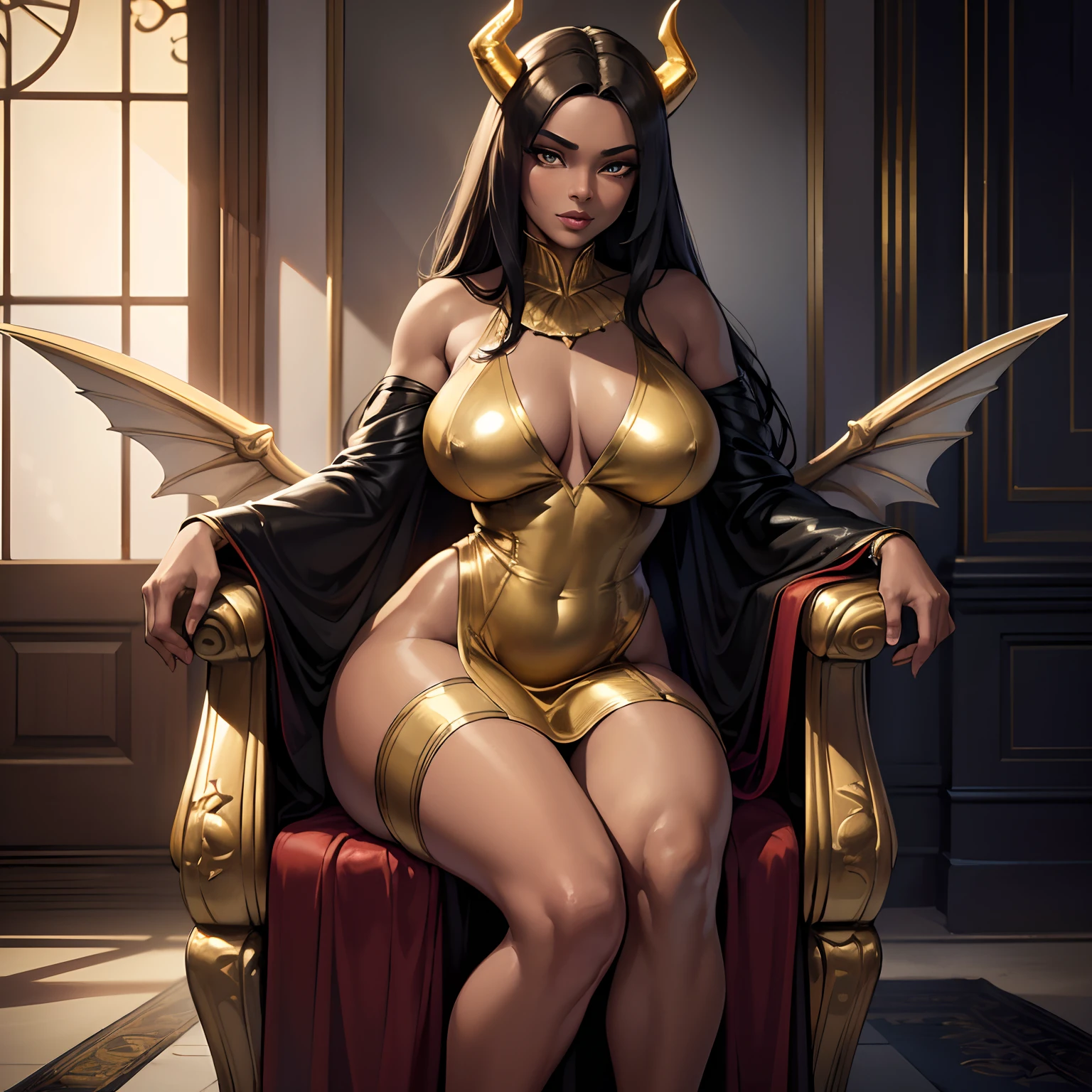 (best quality,4k,8k,highres,masterpiece:1.2), ultra-detailed, (realistic,photorealistic,photo-realistic:1.37), mature ebony-skinned female with long flowing silver hair, wearing a golden  gilded form-fitting skimpy golden dress, curvy, has large black demon wings, has demonic horns, alluring gaze, dark skin tone, ebony skin tone, golden dress, dress made of gold, alone, solo, (ALONE)(SOLO), sitting on throne