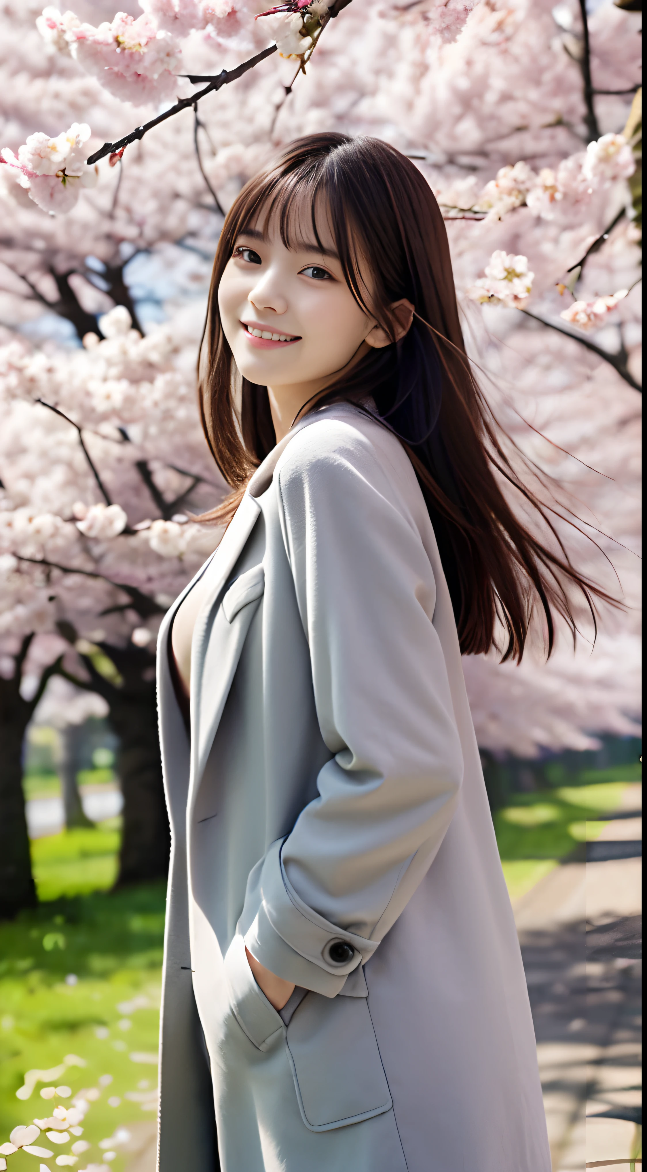 (Close up of one girl with slender small breasts and long hair with dull bangs in a spring coat and shirt :1.5)、(Low angle shot of one girl with a small smile、the hair flutters with the wind :1.5)、(Rows of cherry blossom trees in full bloom and cherry blossom petals dancing in the wind:1.5)、(Perfect Anatomy:1.3)、(No mask:1.3)、(complete fingers:1.3)、Photorealistic、Photography、masutepiece、top-quality、High resolution, delicate and pretty、face perfect、Beautiful detailed eyes、Fair skin、Real Human Skin、pores、((thin legs))、(Dark hair)