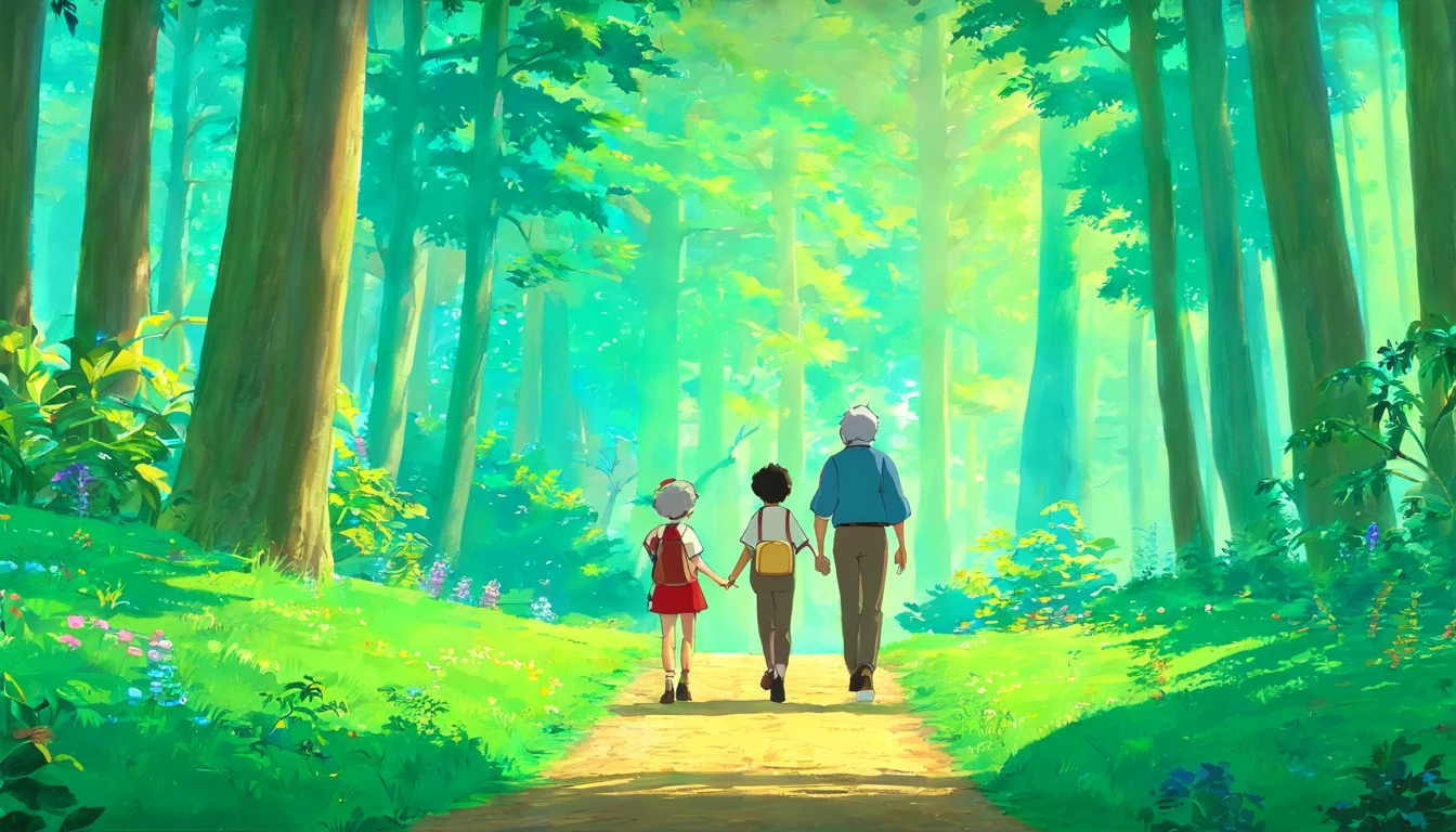 （Crie um cartaz）A boy and grandfather with gray hair , Walking through the magical forest, Traga um saco de caminhada，Hold trekking poles，There are towering trees，Em um fim de semana claro，Pai e filho decidem passar tempo de qualidade juntos。They went to a nearby park，Prepare-se para uma aventura especial
