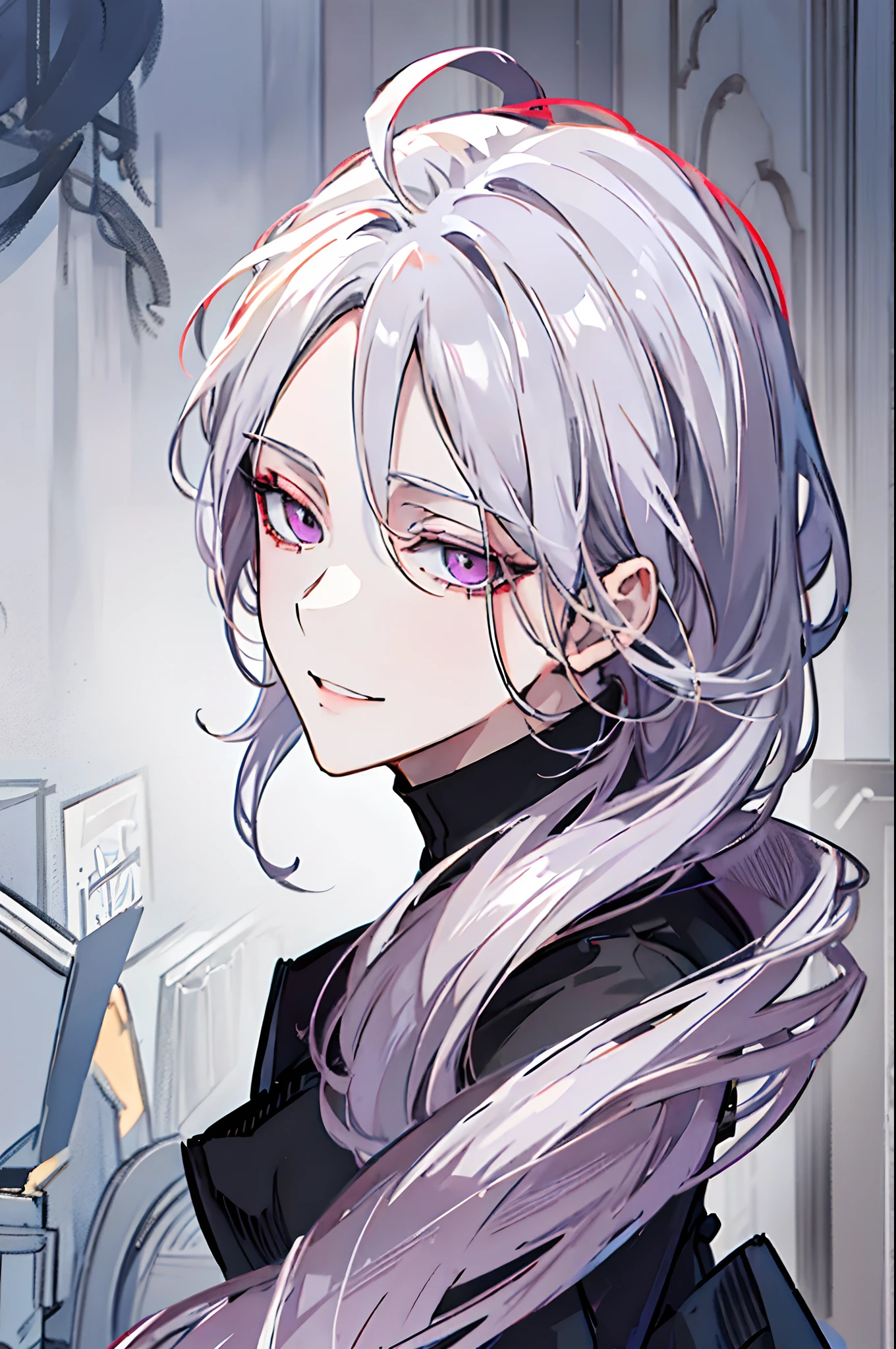 1male, Best quality，masterpiece，a high resolution，Adult male, (Messy Pearly Silver hair), dusty lilac color eye，elegant features, academy uniform，black pants, gorgeous accessories，coquettish，gentle, , the background is a academy，human race，smiling, face portrait