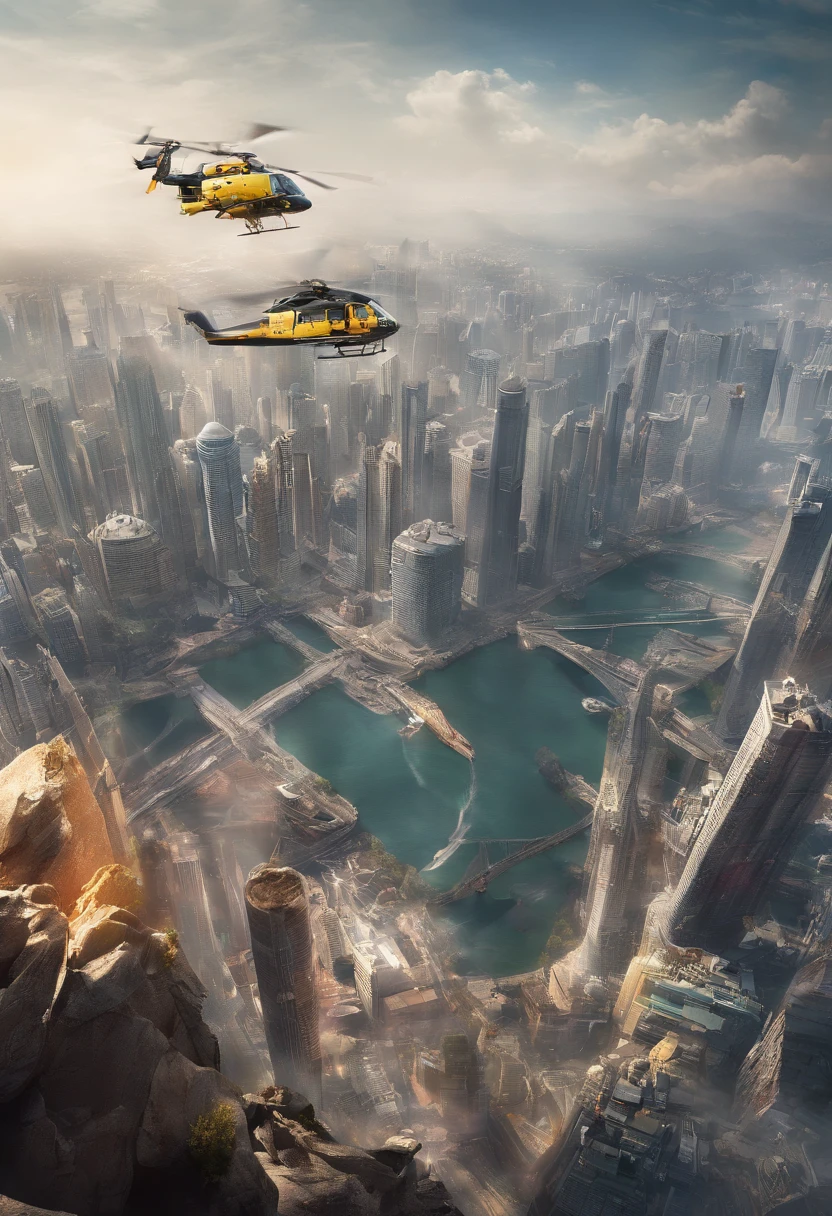 (best quality,4k,highres,masterpiece:1.2),ultra-detailed,rescue technology innovation and bold exploration in the urban environment,a group of skilled climbers,including individuals from China,relying on ropes for support and safety,(studio lighting,meticulously set up to create a studio-like environment, enhancing visual impact),vivid colors,high-energy,high-intensity,helicopter rescue operation,safety equipment,advanced technology,great heights,scenes captured in ultra-high definition (4K) to ensure maximum details and realism,adrenaline rush,daring adventure,dynamic compositions,action-packed,heart-pounding,dramatic moments,tension-filled environment,panoramic view of the city skyline,adventurous spirit,dedication and teamwork,expertise and precision(martial arts-like athleticism and grace),achieving seemingly impossible feats,urban landscape blending with the rugged beauty of nature,world-class climbers pushing their limits in urban settings,inspiration and motivation for viewers,awe-inspiring visuals,epic scale and grandeur,unforgettable experience.