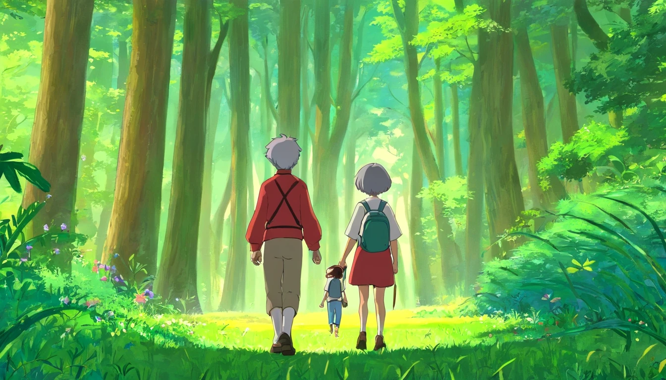 (Crie um cartaz)A boy and grandfather with gray hair , Walking through the magical forest, Traga um saco de caminhada,Hold trekking poles,There are towering trees,Em um fim de semana claro,Pai e filho decidem passar tempo de qualidade juntos。They went to a nearby park,Prepare-se para uma aventura especial