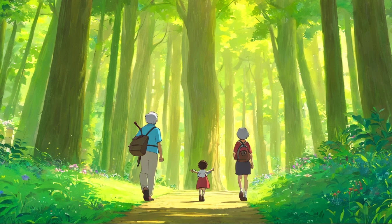 (Crie um cartaz)A boy and grandfather with gray hair , Walking through the magical forest, Traga um saco de caminhada,Hold trekking poles,There are towering trees,Em um fim de semana claro,Pai e filho decidem passar tempo de qualidade juntos。They went to a nearby park,Prepare-se para uma aventura especial