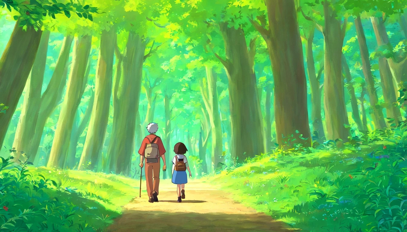 (Crie um cartaz)A boy and grandfather with gray hair , Walking through the magical forest, Traga um saco de caminhada,Hold trekking poles,There are towering trees,Em um fim de semana claro,Pai e filho decidem passar tempo de qualidade juntos。They went to a nearby park,Prepare-se para uma aventura especial