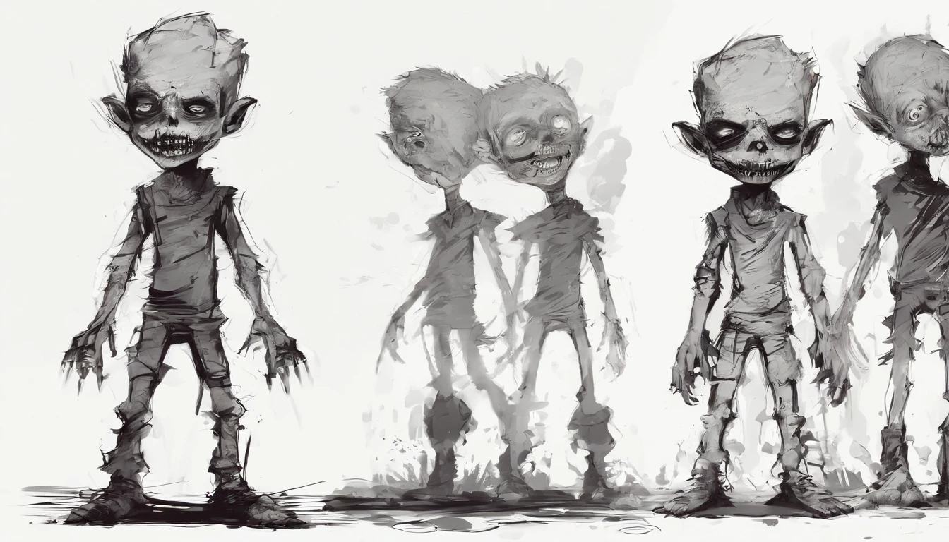 deformed child looks like a zombie. Children's book style. Sketchy monochromatic.