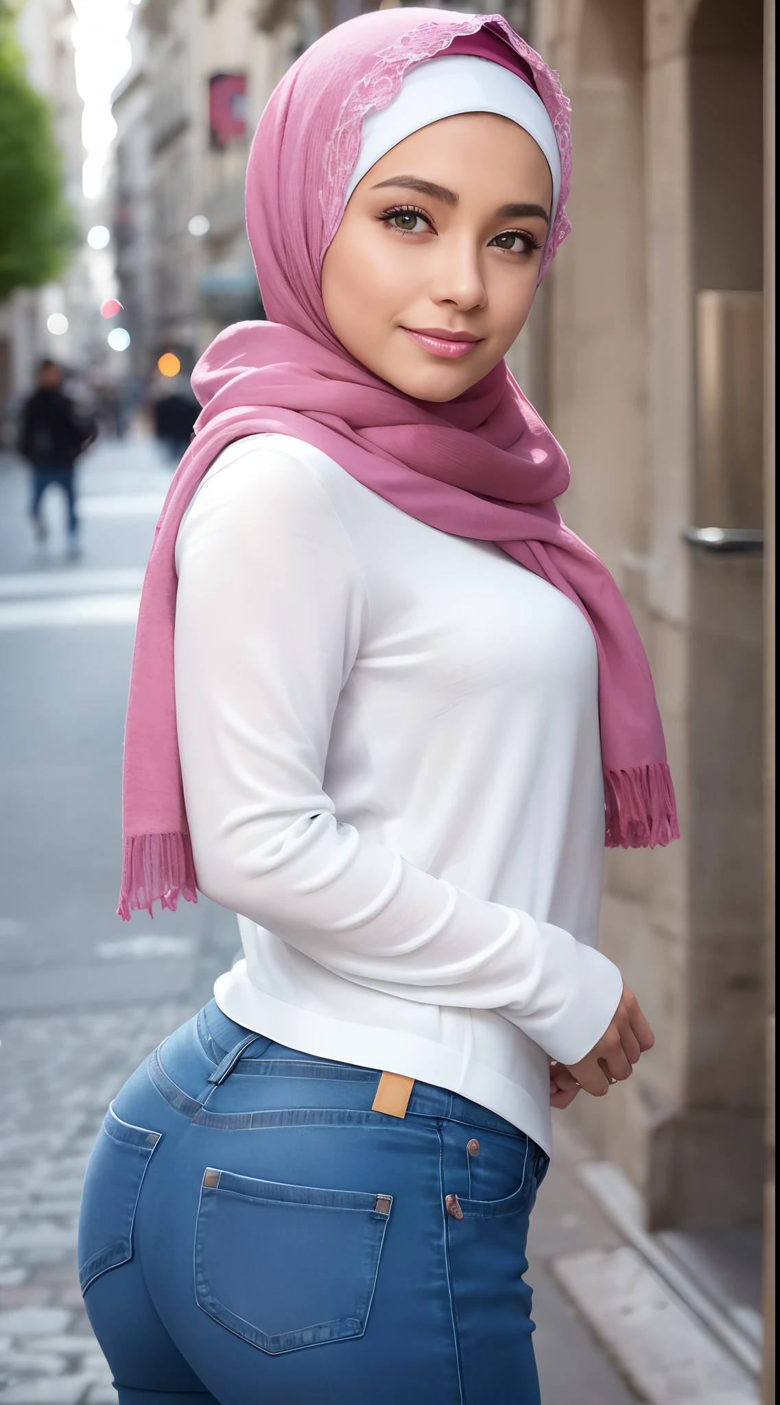 (Masterpiece, Best quality), Perfect Ass Beauty, Detailed long-sleeved blouse, Wearing the hijab on the head, pantalon jeans moulant un cul parfait visage parfait, beau visage, Attirant, De grands yeux magnifiques, ouvrir bouche, contenu, Corps slim fit parfait, (outdoor), Rues de la ville, New York, couleurs vives, lui tourna le dos pour montrer ses fesses, se penche en avant, Turn your head towards the camera, regard coquin, cul parfait, montre son cul, (Masterpiece, Best quality), beautiful woman, Detailed long-sleeved blouse, Wearing the hijab on the head, pantalon jeans moulant un cul parfait visage parfait, beau visage, Attirant, De grands yeux magnifiques, ouvrir bouche, contenu, Corps slim fit parfait, (outdoor), Rues de la ville, New York, couleurs vives, lui tourna le dos pour montrer ses fesses, se penche en avant, Turn your head towards the camera, regard coquin, cul parfait