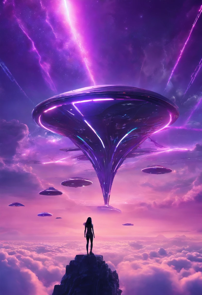 Futuristic alien spaceship flying above the clouds, dim sky, purple color lighting, chuva,lightnings, hyper realistic, altamente detalhado,8k,A woman flies in the sky