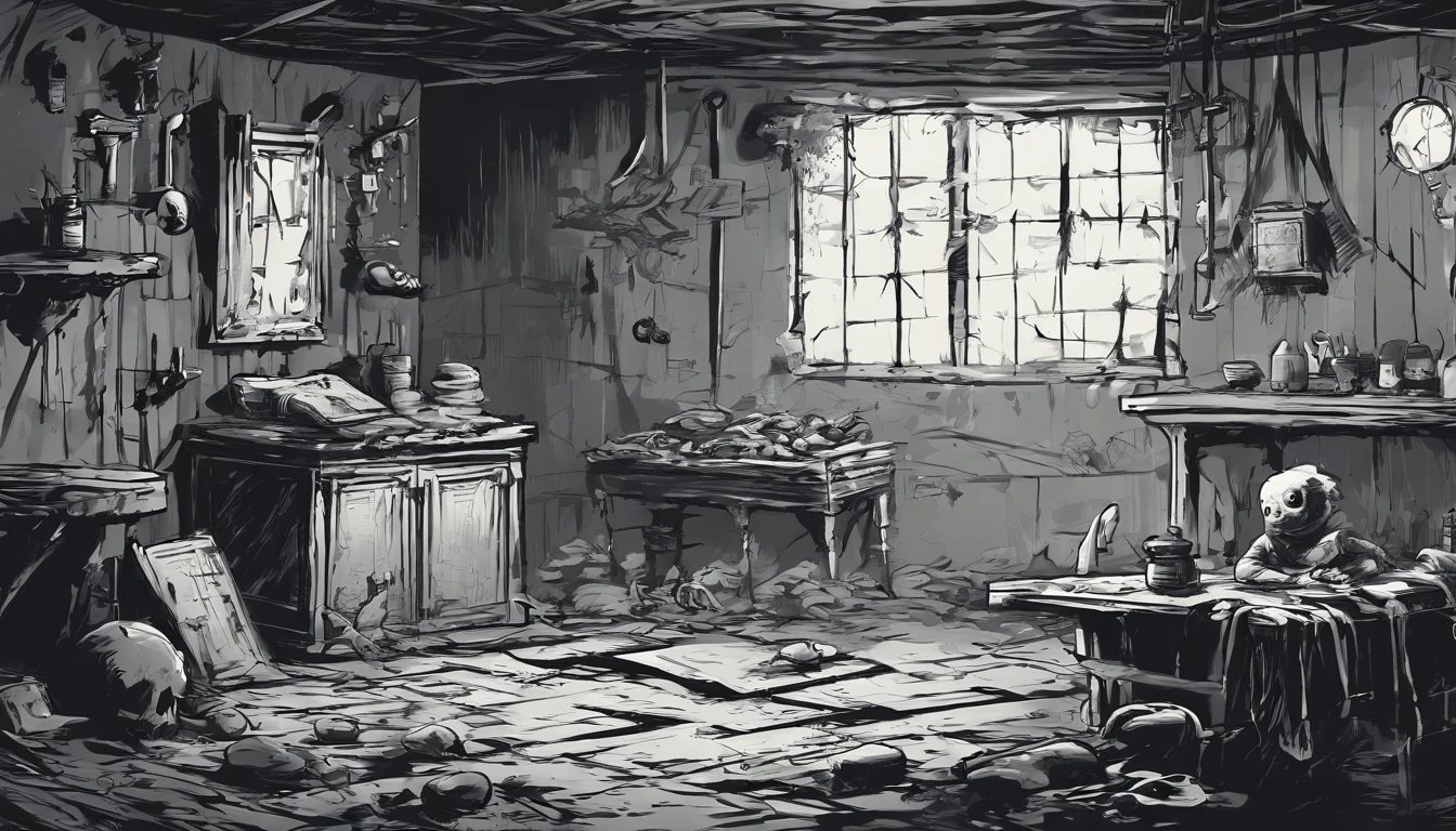 deformed  looks like a zombie in a shabby dark victorian basement. Children's book style. Sketchy monochromatic.