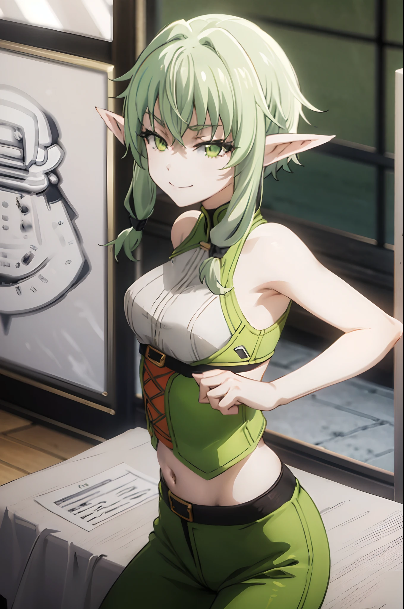 pointy ears, green hair, green eyes, short hair, short hair with long locks,smug half-closed eyes,masterpiece, best quality, photorealistic, yujiasuit, yoga sports bra, yoga pants, 1girl, solo, , yoga ball, pants, looking at viewer, smile, green sports bra, simple background, , midriff, long hair, breasts, green pants, sportswear, tank top, upper body,