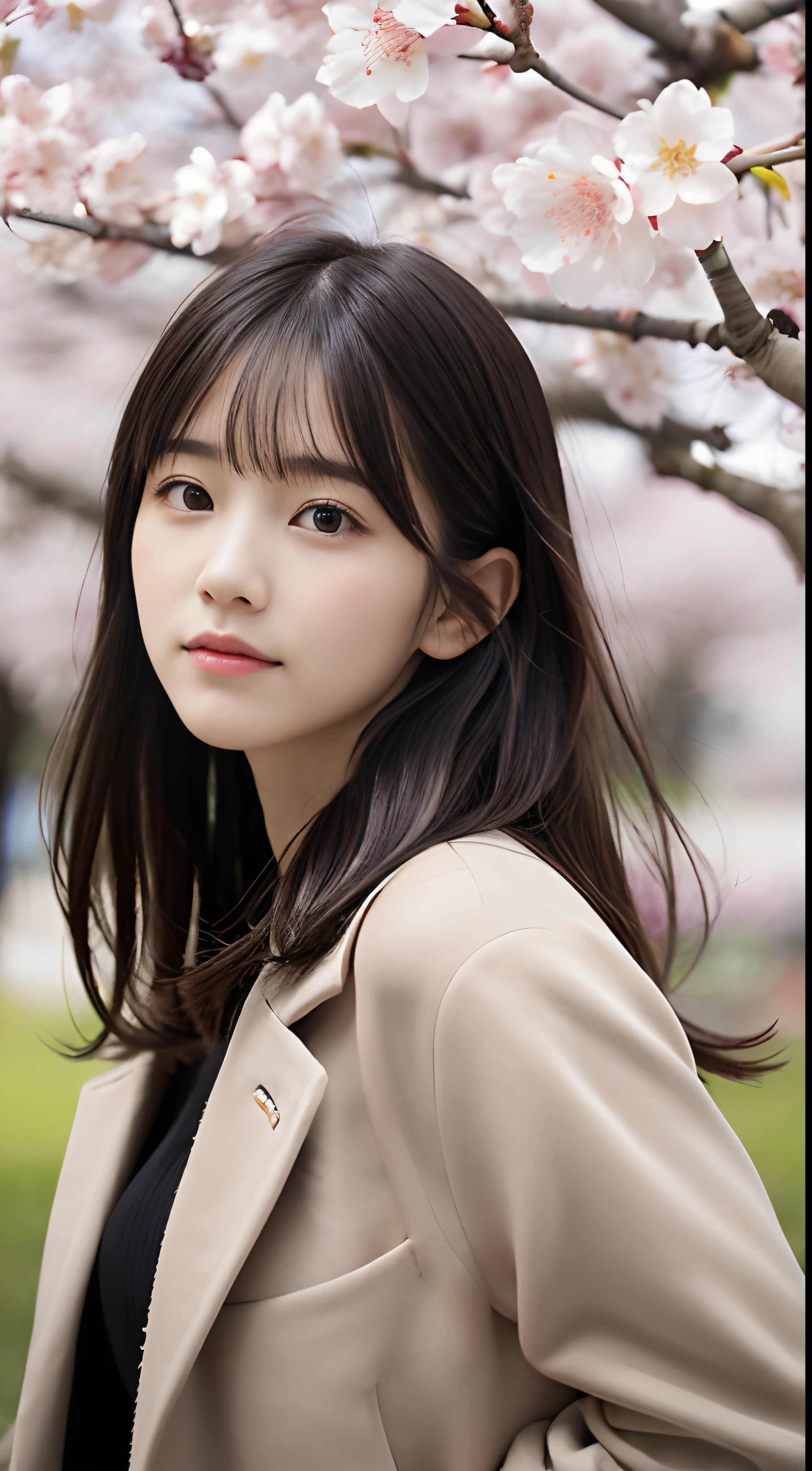 (Close up portrait of one girl with slender small breasts and long hair with dull bangs in a spring coat and shirt :1.5)、(Low angle shot of one girl turning around with a sad face、the hair flutters with the wind :1.5)、(Rows of cherry blossom trees in full bloom and cherry blossom petals dancing in the wind:1.5)、(Perfect Anatomy:1.3)、(No mask:1.3)、(complete fingers:1.3)、Photorealistic、Photography、masutepiece、top-quality、High resolution, delicate and pretty、face perfect、Beautiful detailed eyes、Fair skin、Real Human Skin、pores、((thin legs))、(Dark hair)