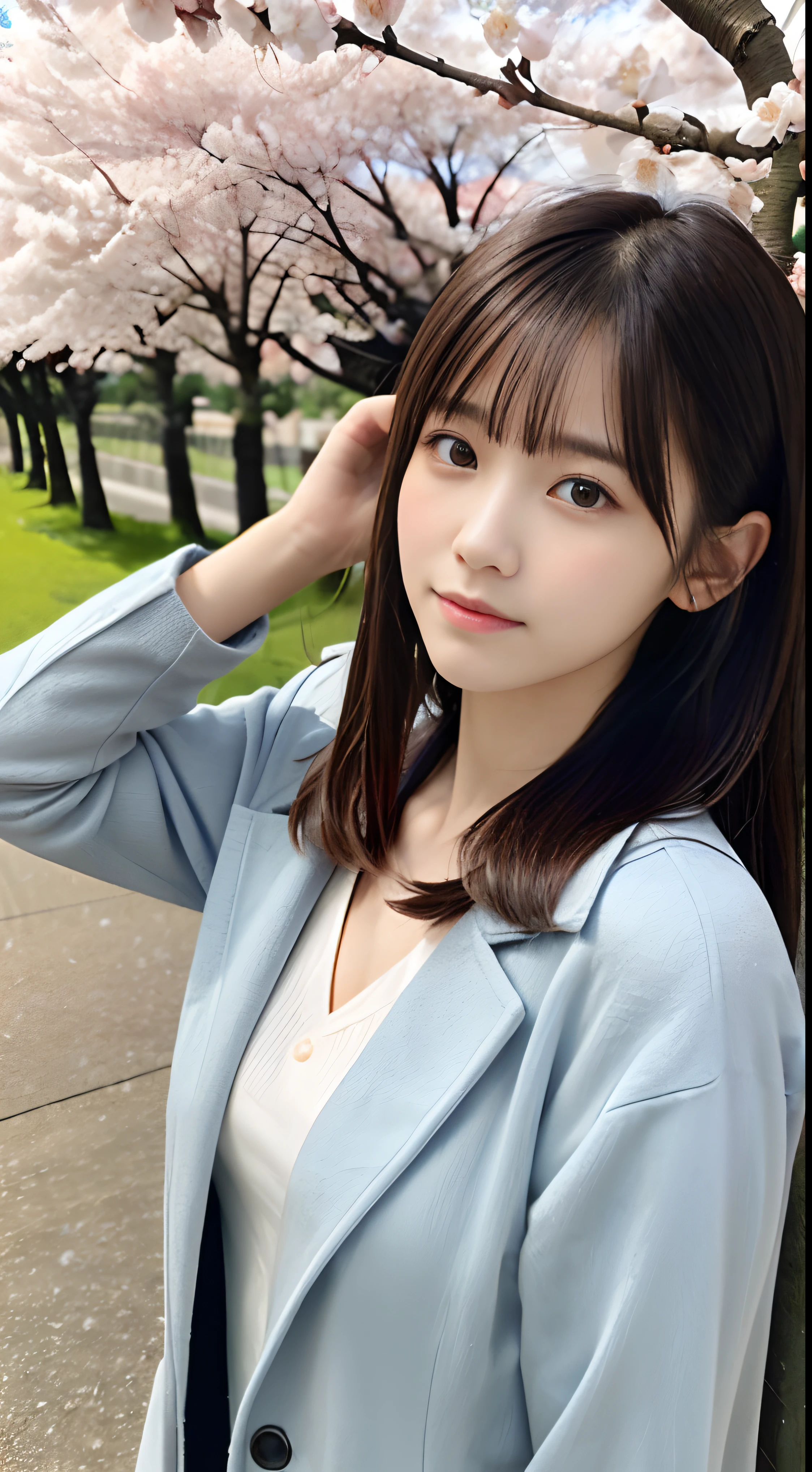 (Close up of one girl with slender small ??????? and long hair with dull bangs in a spring coat and shirt :1.5)、(Low angle shot of one girl turn around with sad face、the hair flutters with the wind :1.5)、(Rows of cherry blossom trees in full bloom and cherry blossom petals dancing in the wind:1.5)、(Perfect ???????:1.3)、(No mask:1.3)、(complete fingers:1.3)、Photorealistic、Photography、masutepiece、top-quality、High resolution, delicate and pretty、face perfect、Beautiful detailed eyes、Fair skin、Real Human Skin、pores、((thin legs))、(Dark hair)