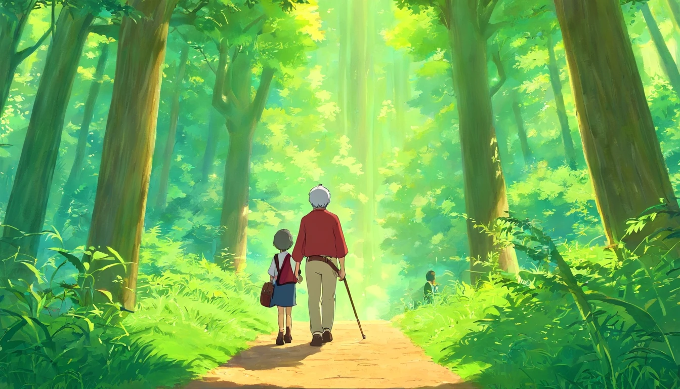 （Crie um cartaz）A boy and grandfather with gray hair , Walking through the magical forest, Traga um saco de caminhada，Hold trekking poles，There are towering trees，Em um fim de semana claro，Pai e filho decidem passar tempo de qualidade juntos。They went to a nearby park，Prepare-se para uma aventura especial