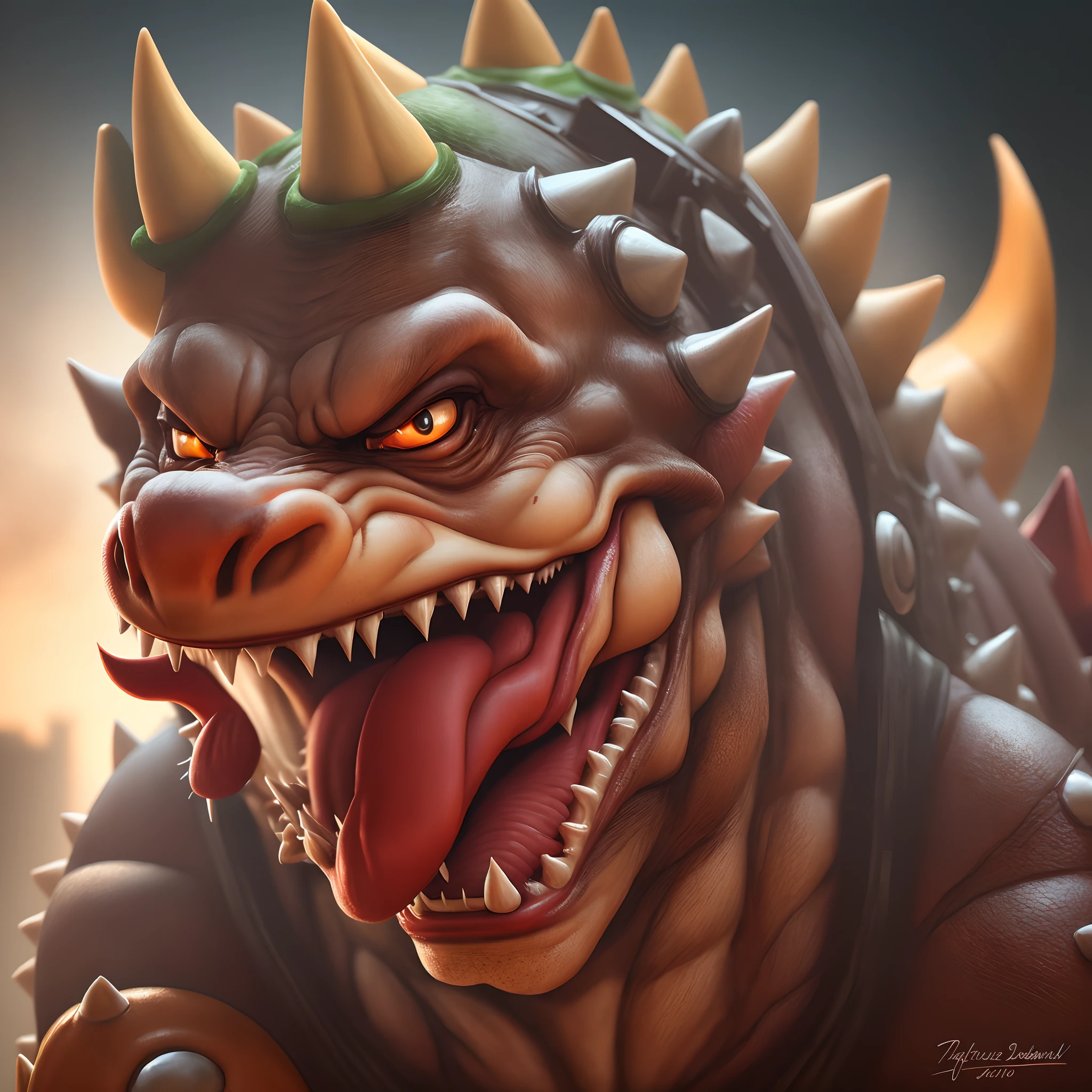 score_9, score_8_up, score_7_up, solo, looking at viewer, open mouth, 1boy, yellow eyes, male focus, red hair, horns, teeth, collar, no humans, fangs, sharp teeth, spikes, realistic, scales, bowser