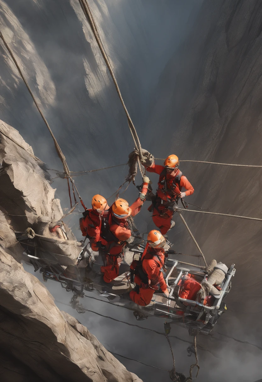 Personnel conducting rope rescue training,(A group of climbers:1.1),Rescue operations,action sports,Climbing,Cord,Courage,(Heroic rescue scene:1.2),Emergency Response Team,full body shot of, (Jaw-dropping effect), ,(Studio lighting), hyper HD,