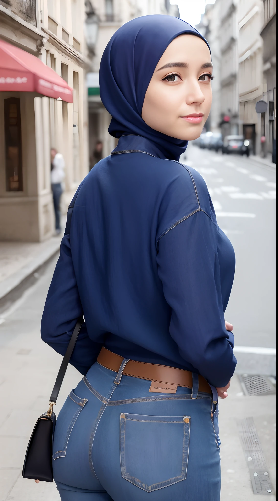 (Masterpiece, Best quality), Perfect Ass Beauty, Detailed long-sleeved blouse, Wearing the hijab on the head, pantalon jeans moulant un cul parfait visage parfait, beau visage, Attirant, De grands yeux magnifiques, ouvrir bouche, contenu, Corps slim fit parfait, (outdoor), Rues de la ville, New York, couleurs vives, lui tourna le dos pour montrer ses fesses, se penche en avant, Turn your head towards the camera, regard coquin, cul parfait, montre son cul, (Masterpiece, Best quality), beautiful woman, Detailed long-sleeved blouse, Wearing the hijab on the head, pantalon jeans moulant un cul parfait visage parfait, beau visage, Attirant, De grands yeux magnifiques, ouvrir bouche, contenu, Corps slim fit parfait, (outdoor), Rues de la ville, New York, couleurs vives, lui tourna le dos pour montrer ses fesses, se penche en avant, Turn your head towards the camera, regard coquin, cul parfait