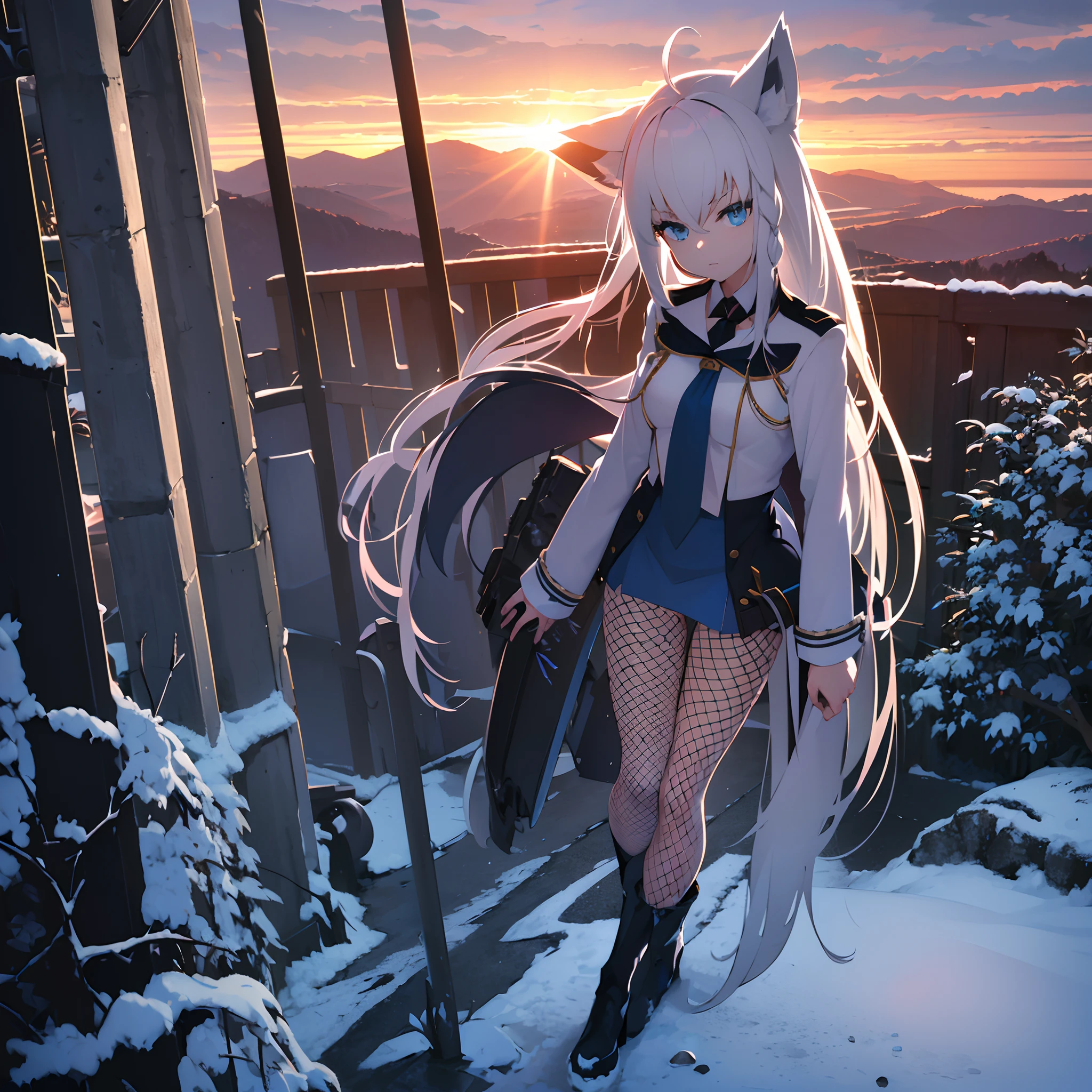 (Best quality, 8k, 1 girl, solo, silver hair, long hair, gorgeous hair_style), blue eyes, expressionless face, (looking at viewer, black leg_fishnets, body_stocking, cape), military_hat, warm lighting, sunset, snowy mountain