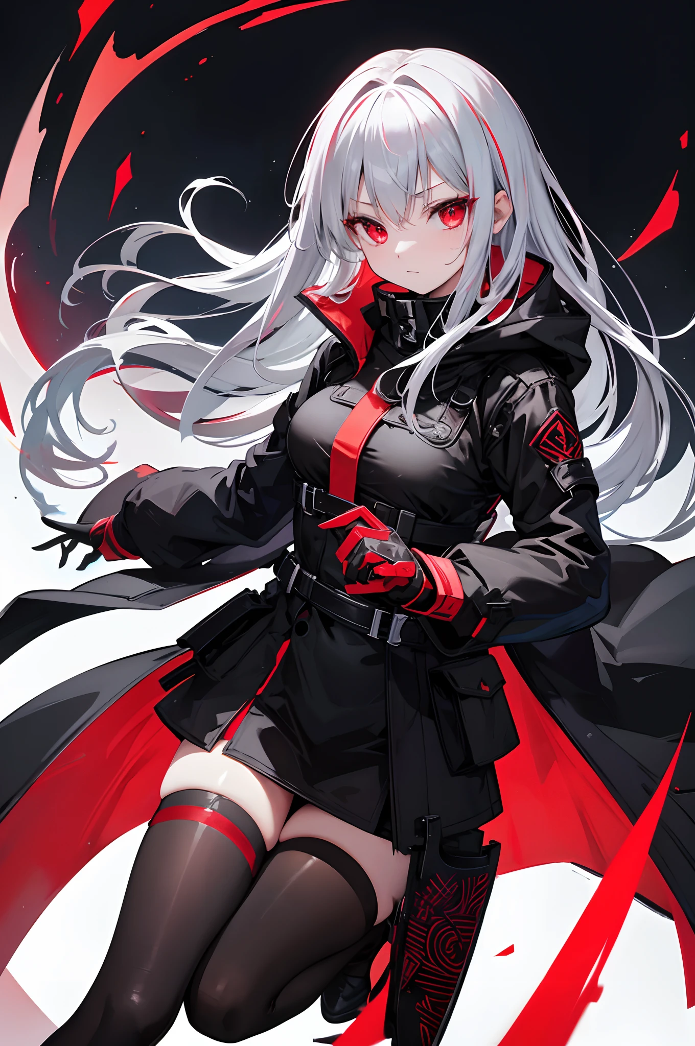 Wearing a red aura、Wearing a black shiny coat in a combat regime、with gray hair、Red-eyed girl. Sexy. Holding neon red sword with intricate engravings.