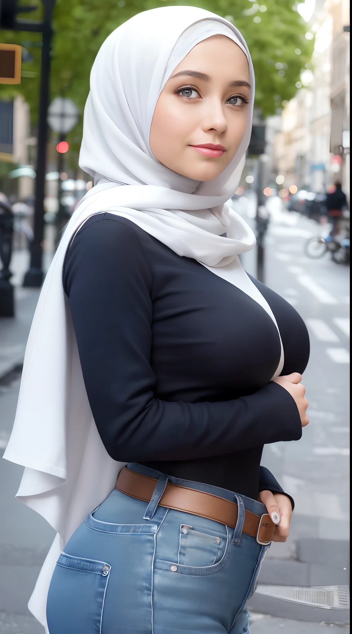 (Masterpiece, Best quality), Perfect Ass Beauty, Detailed long-sleeved blouse, Wearing the hijab on the head, pantalon jeans moulant un cul parfait visage parfait, beau visage, Attirant, De grands yeux magnifiques, ouvrir bouche, contenu, Corps slim fit parfait, (outdoor), Rues de la ville, New York, couleurs vives, lui tourna le dos pour montrer ses fesses, se penche en avant, Turn your head towards the camera, regard coquin, cul parfait, montre son cul, (Masterpiece, Best quality), beautiful woman, Detailed long-sleeved blouse, Wearing the hijab on the head, pantalon jeans moulant un cul parfait visage parfait, beau visage, Attirant, De grands yeux magnifiques, ouvrir bouche, contenu, Corps slim fit parfait, (outdoor), Rues de la ville, New York, couleurs vives, lui tourna le dos pour montrer ses fesses, se penche en avant, Turn your head towards the camera, regard coquin, cul parfait