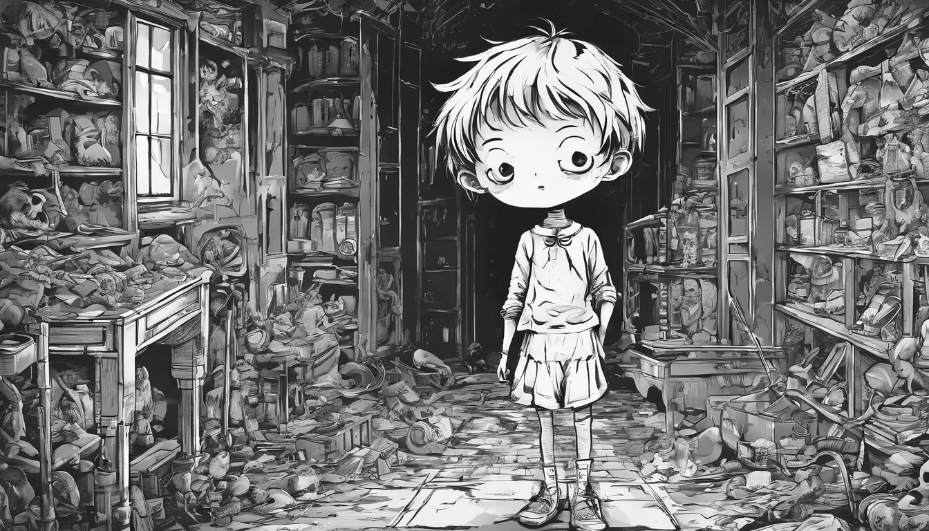 deformed child looks like a zombie in a shabby dark victorian basement. Children's book style. Sketchy monochromatic.