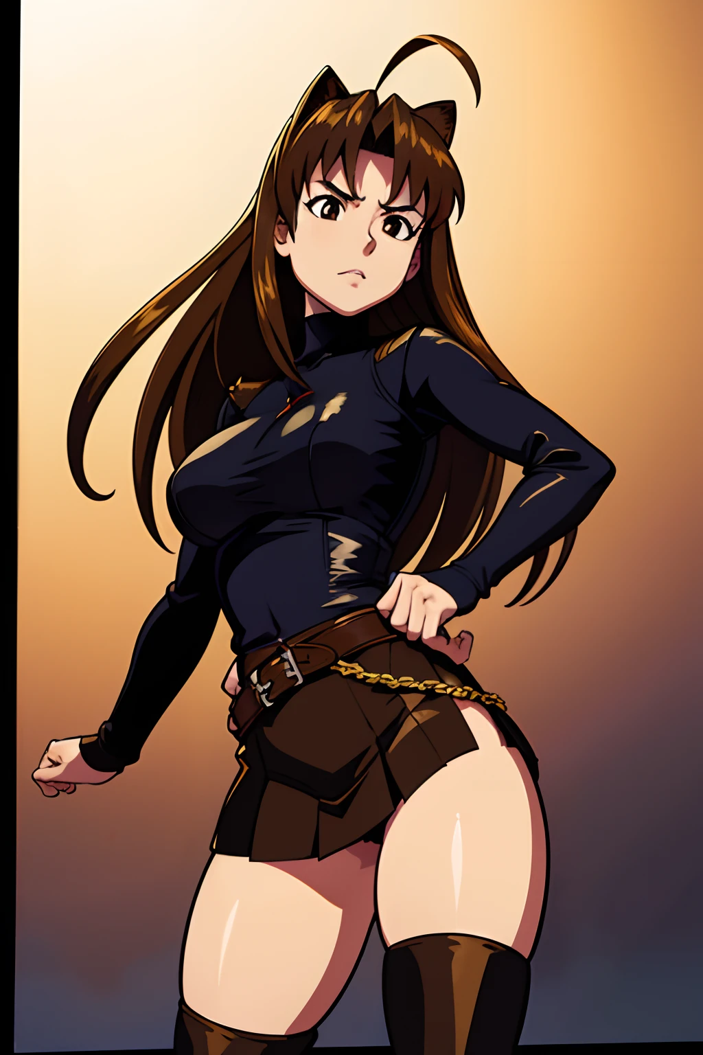 Vampire Hunter Naru Narusegawa, long flowing light brown hair, beautiful brown eyes, strikingly detailed facial features, and sensual lips, wearing a sleek black leather jacket that perfectly accentuates her figure. She is adorned in a short pleated skirt that reveals her long legs, paired with stylish black leather boots. Completing her ensemble, she wears a fitted white t-shirt that expertly showcases her big bouncing breasts, approximately a D-cup.
The artwork should be created in the iconic Ken Akamatsu art style, known for his intricate attention to detail and expressive character designs. The overall image quality should be of the highest caliber, with an ultra-detailed rendering that captures every aspect of the character. Achieve a realistic, photorealistic effect, ensuring that every brushstroke and shading is meticulously executed. The colors should be vivid and vibrant, bringing out the depth and richness of the artwork.
In terms of the scene, place Vampire Hunter Naru Narusegawa in an atmospheric urban setting, with dimly lit streets casting dramatic shadows and a slightly foggy ambiance. Bathed in studio lighting, she stands confidently, her gaze intense and focused, ready to take on any supernatural threats that come her way.