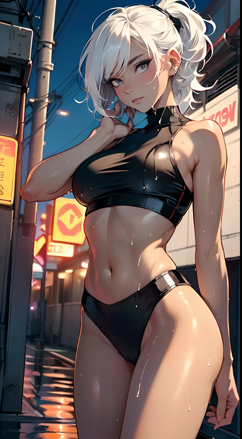 girl sporty,((attractive girl)),
(large breasts:1.4),saggy breasts,(((white hair:1.4,white ponytail hairstyle:1.5,very long hair:1.5))),((heterochromia:1.5, (orange_eye and pink_eye))),intricate eyes,beautiful detailed eyes,symmetrical eyes,((fat))(((lustrous skin:1.5,bright skin: 1.5,skin tanned,shiny skin,very shiny skin,shiny body,plastic glitter skin,exaggerated shiny skin,illuminated skin, wet legs))),(spider lower abdomen,narrow waist,wide hip,athletic body,inflated legs,detailed body,(detailed face)),
cute,slutty,seductive,erotic,(((nsfw))),
revealing clothing,show skin,with micro clothes,almost totally naked,with little clothing,(tiny thong),generous neckline,((tight sports bra, tight sports thong,orange and black clothes)),(((underboob))),((wet clothes,intricate outfit,intricate clothes)),
(dynamic pose:1.0),embarrassed,(centered,scale to fit dimensions,Rule of thirds),
cyberpunk city by the ocean at night, with bright neon signs and dark stormy clouds and puddles, scenery:1.25,
artistic photography,(photography taken by sldr),highres, sharp focus, (ultra detailed, extremely detailed), (photorealistic artwork:1.37),(extremely detailed CG unity 8k wallpaper),((synthwave background theme)),(((vibrant colors))),(intricate background),(masterpiece),(best quality),