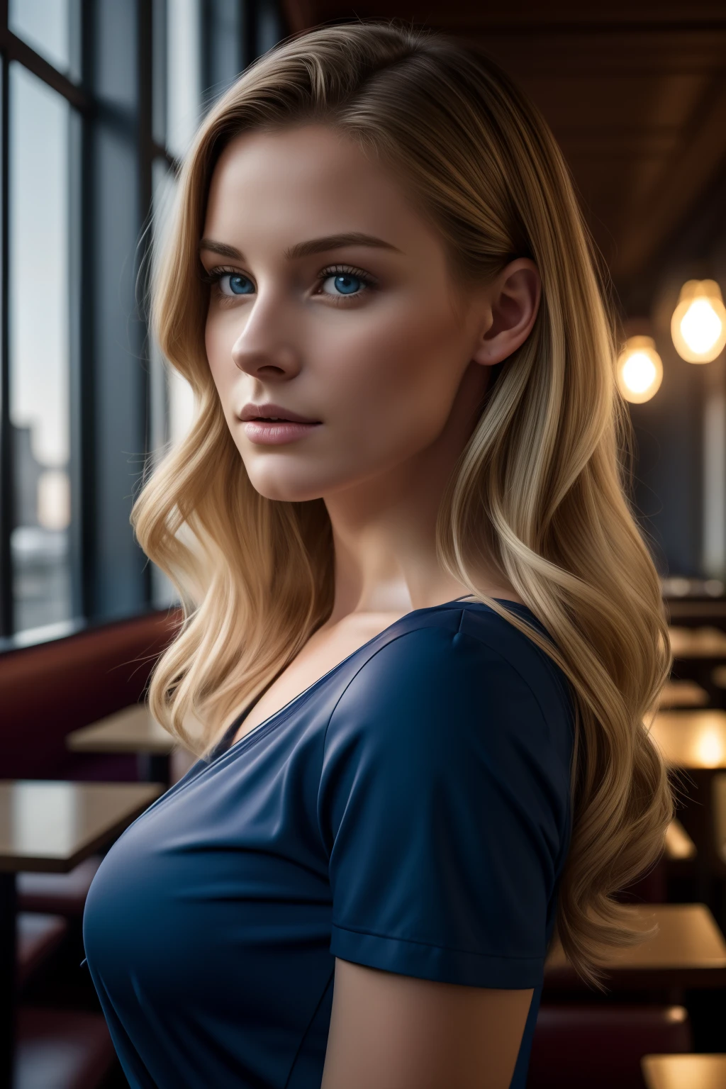 beste-Qualit, Cinematographic photo, anatomie correcte, Illustration of digital artworks, femme innocente de 25 ans, pale skinned, Polie, pronounced feminine features (stretching), t-shirt, cheveux blonds raides, gros seins (Fond cosmique), yeux bleu grand ouvert illustration sombre style (8k, composition dynamique, photo realist, mise au point nette), Context developed, cutscene, Rule of Thirds, contre-jour, grain du film, intricate high detail, Refined Beauty Details, longs cheveux blonds raides, Blue eyes wearing a white t-shirt with no print, porter une ceinture en cuir, vue de face (Assis dans un restaurant moderne la nuit), Shelbia, Very detailed, 30 ans, natural wavy hair, yeux bleus, High resolution, Dance masterpiece, Best quality, intricate high detail, highly detailed, mise au point nette, detailed skin, realistic skin texture, texture, detailled eyes, professionnel, 4K, Prise de vue Canon, 85 mm, faible profondeur de champ, Vision couleur Kodak, perfect fit body, Extremely detailed, photo_\(ultra\), hyper-realistic photo, Realstic, Post-traitement, maximum details, roughness, real life, ultra-realiste, photo realism, photographie, 8K UHD, photographie (grain de film) Medium shot for close-up atmospheric dark lighting