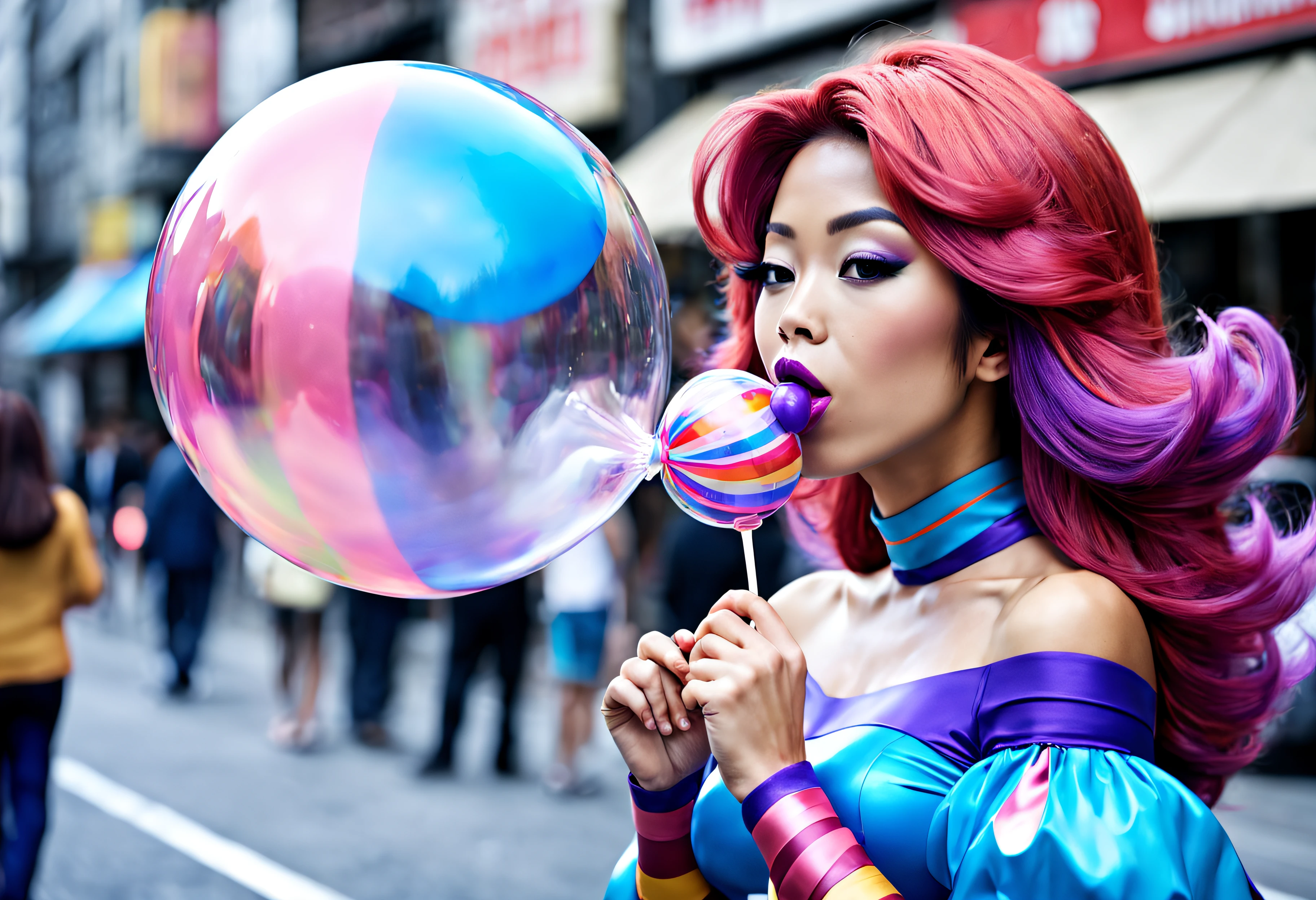 (A side view of a smirking Japanese woman super hero with long thick luxurious auburn and cerise hair wearing bright blue and purple striped costume blowing gigantic massive bubblegum bubble from her lips walking in a 1970's street photograph)