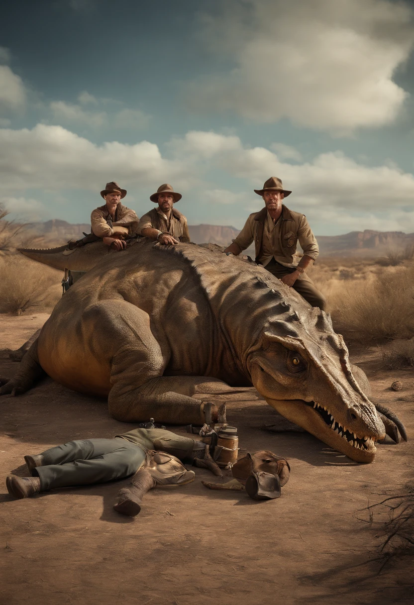 downed dinosaur, 30s hunters posing on a table photo, hunters, dead dinosaur, dead flying repitel, vintage photo, hyper realistic, african savannah, fallout 4, eye drops, ultra realistic