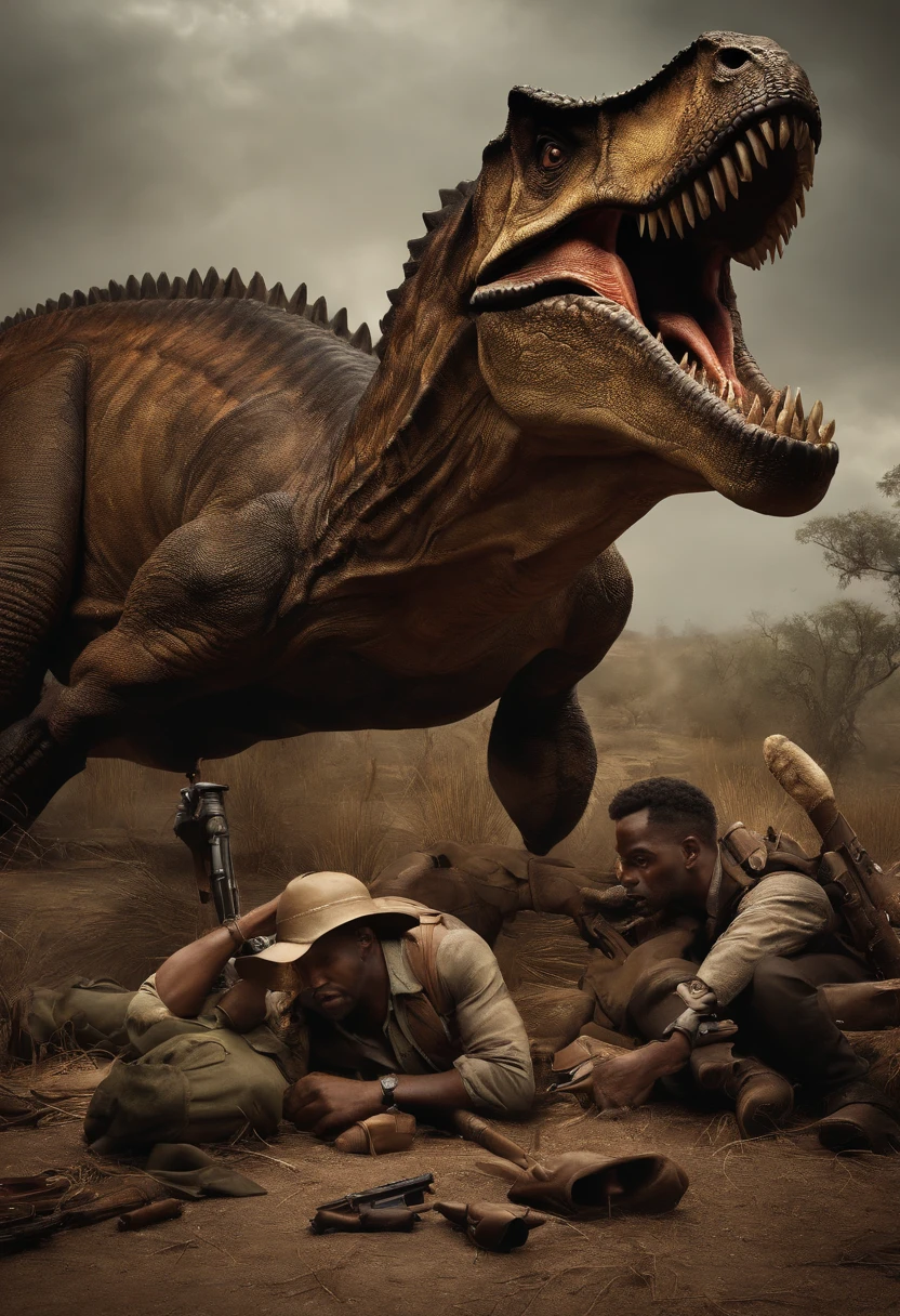 downed dinosaur, 30s hunters posing on a table photo, hunters, dead dinosaur, dead flying repitel, vintage photo, hyper realistic, african savannah, fallout 4, eye drops, ultra realistic