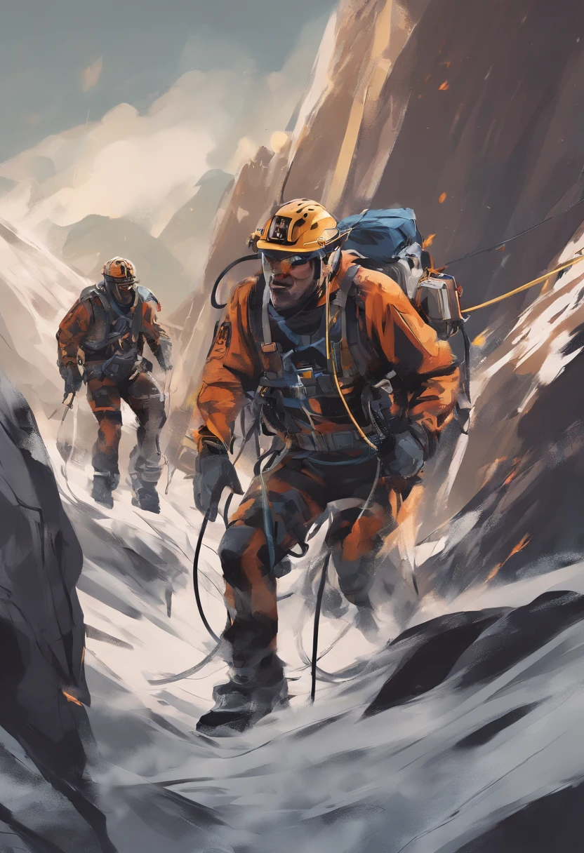 People who carry out rope rescue training,(A group of climbers:1.1),Rescue operations teams,action sports,climbing,mountain peaks,Cord,challenge,highly,Courage,(Heroic rescue scene:1.2),Emergency Response Team,full body shot of, (Jaw-dropping effect), ,(Studio lighting), hyper HD, A high resolution. The lighting in the scene is carefully set,Create a studio-like environment, Enhance visual impact
